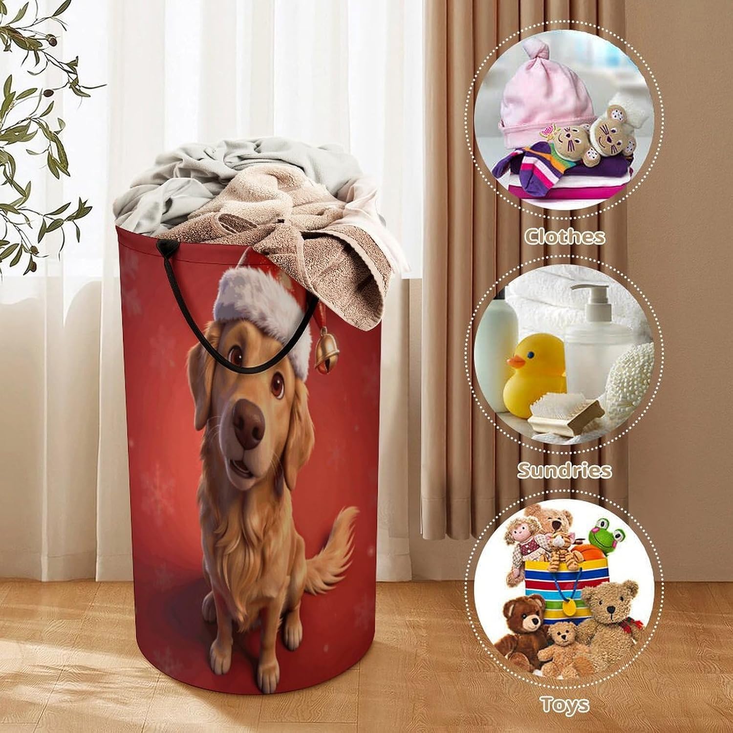 Dog-Santa Hat Laundry Hamper 86L Waterproof Collapsible Clothes Basket with Double Handles Freestanding Foldable Laundry Basket Large Clothes Hamper for Bathroom