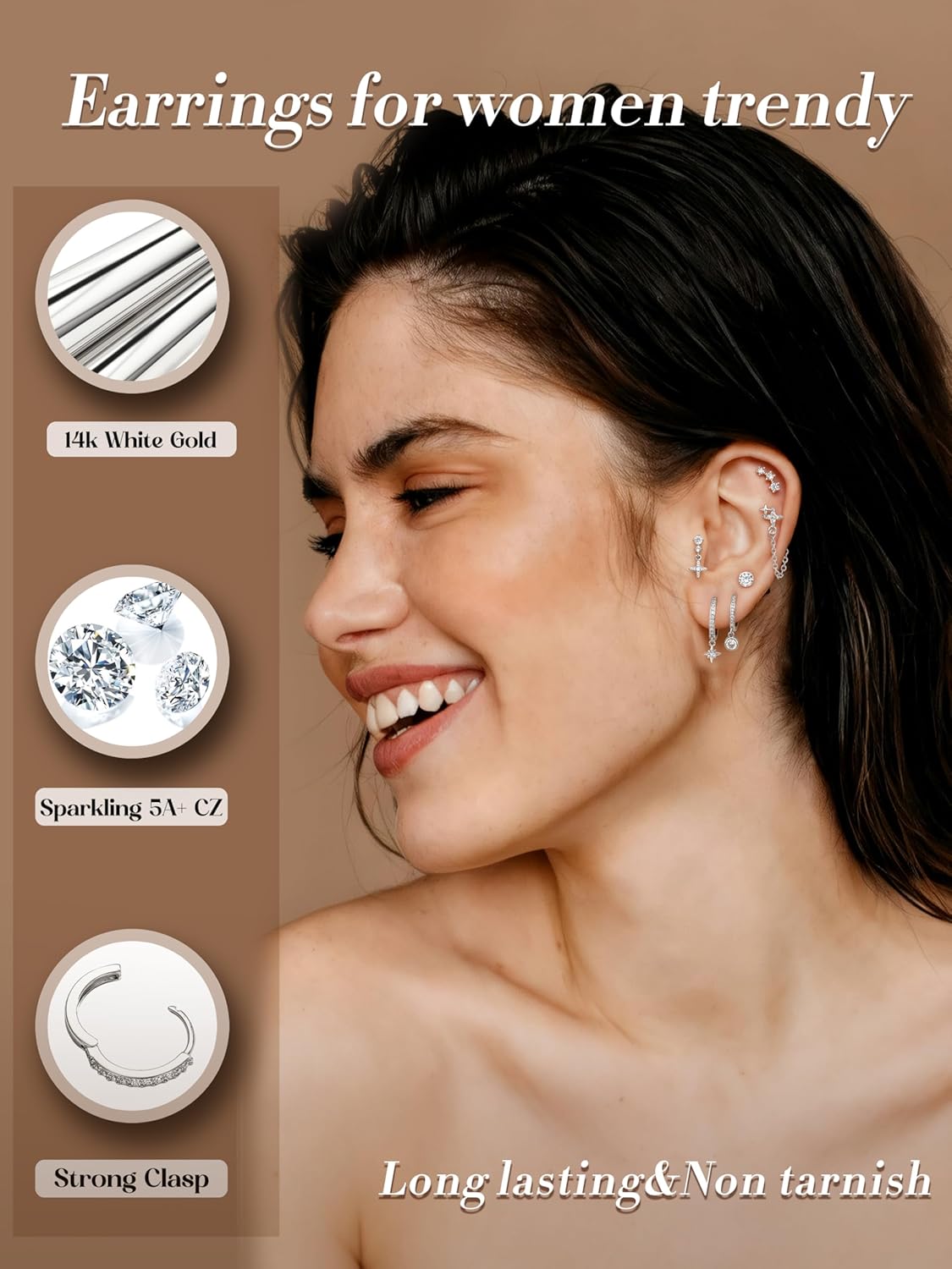 Dochais Flat Back Cartilage Earrings for Women Trendy Dainty CZ Flatback Studs Earing Sets 14k Gold Plated Hypoallergenic Huggie Hoops Earring Stacks for Multiple Piercing - Image 4