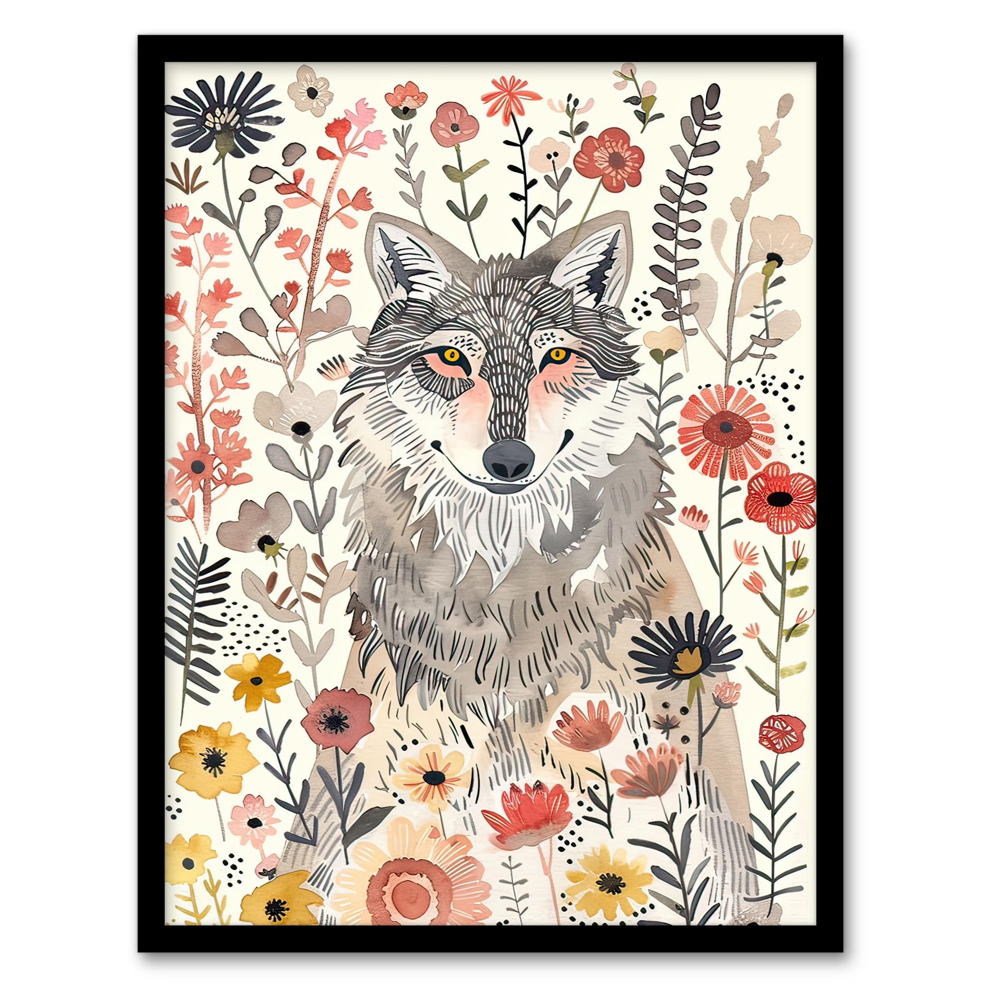 Artery8 Smiling Wolf Wildflower Meadow Floral Watercolour Living Room Artwork Framed Wall Art Print 18X24 Inch
