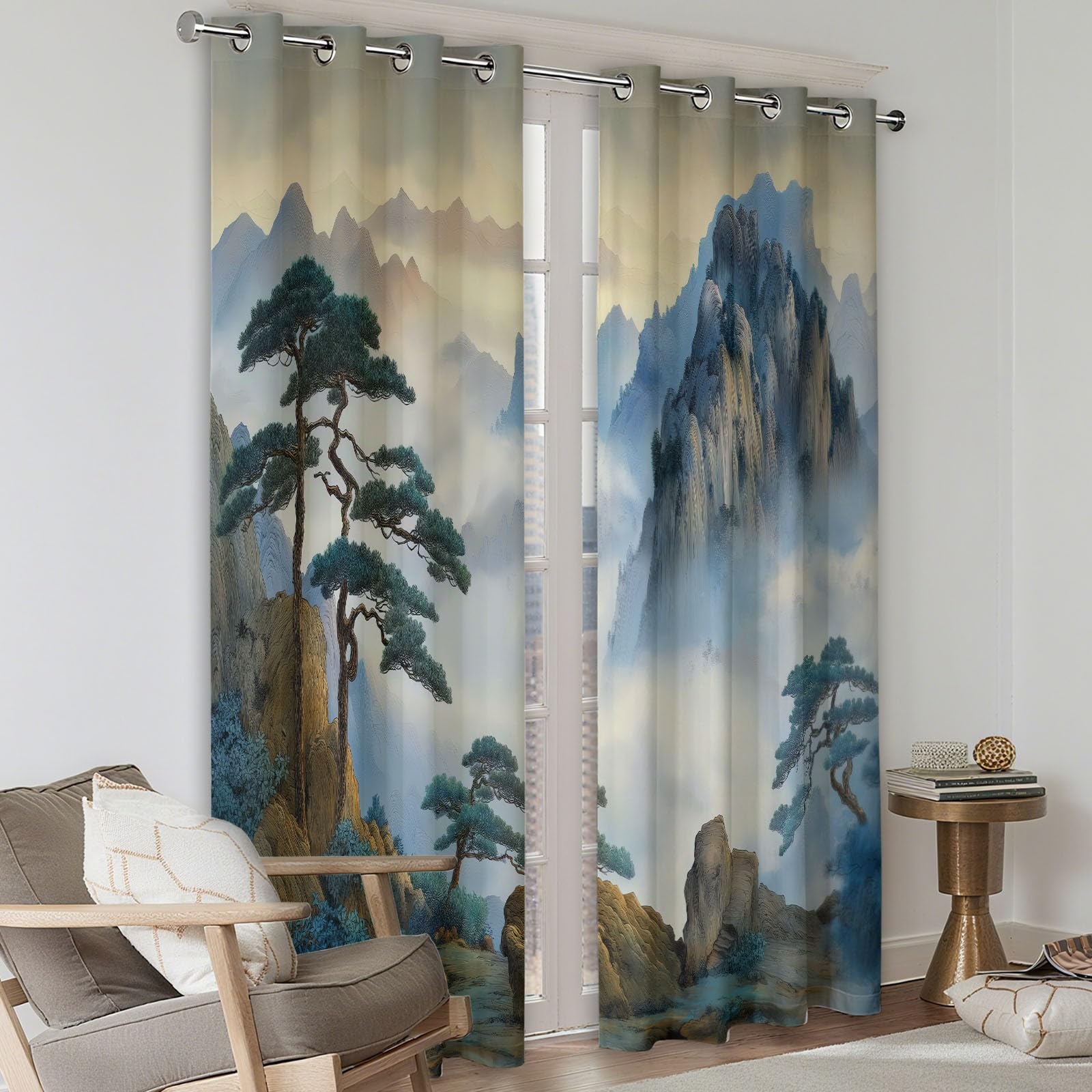 Bleu-Gris Rideaux Occultants Thermiques 280 x 260 cm Pins De Chine, Montagnes, Nuages – Rideaux Isolants Anti-Froid & Anti-Chaleur, Tissu Épais Haut de Gamme, Parfait pour Salon, Chambre ou Bureau