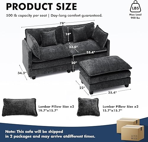 Miniatura 2 de Sofá seccional, cómodo sofá modular de nube, sofá modular de asiento profundo, sofás modulares para sala de estar, dormitorio (negro, 2 asientos + 1