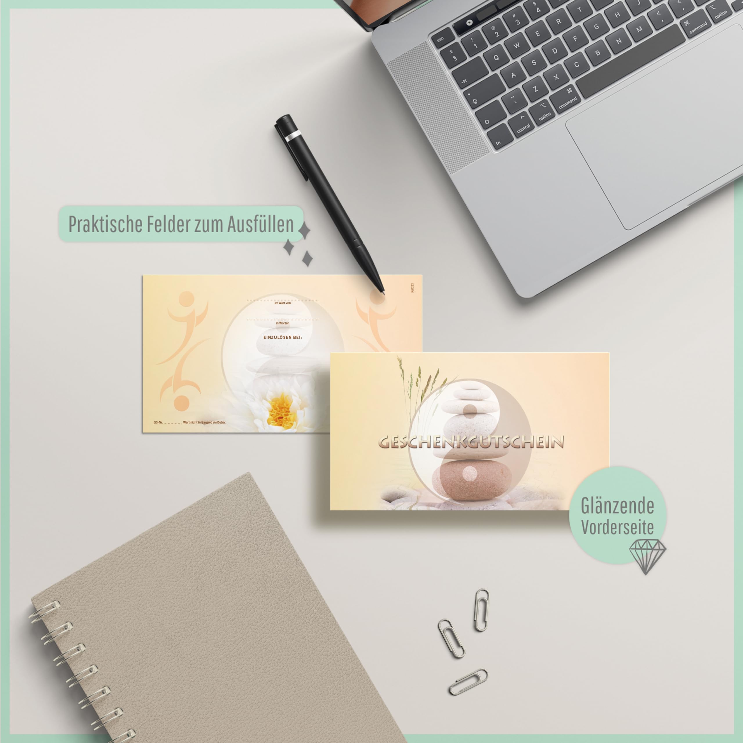 Gutschein-Set. 100x Gutschein + Kuvert. Für Kosmetiksalons Massage Wellness und andere Firmen, blanko zum selber Ausfüllen.