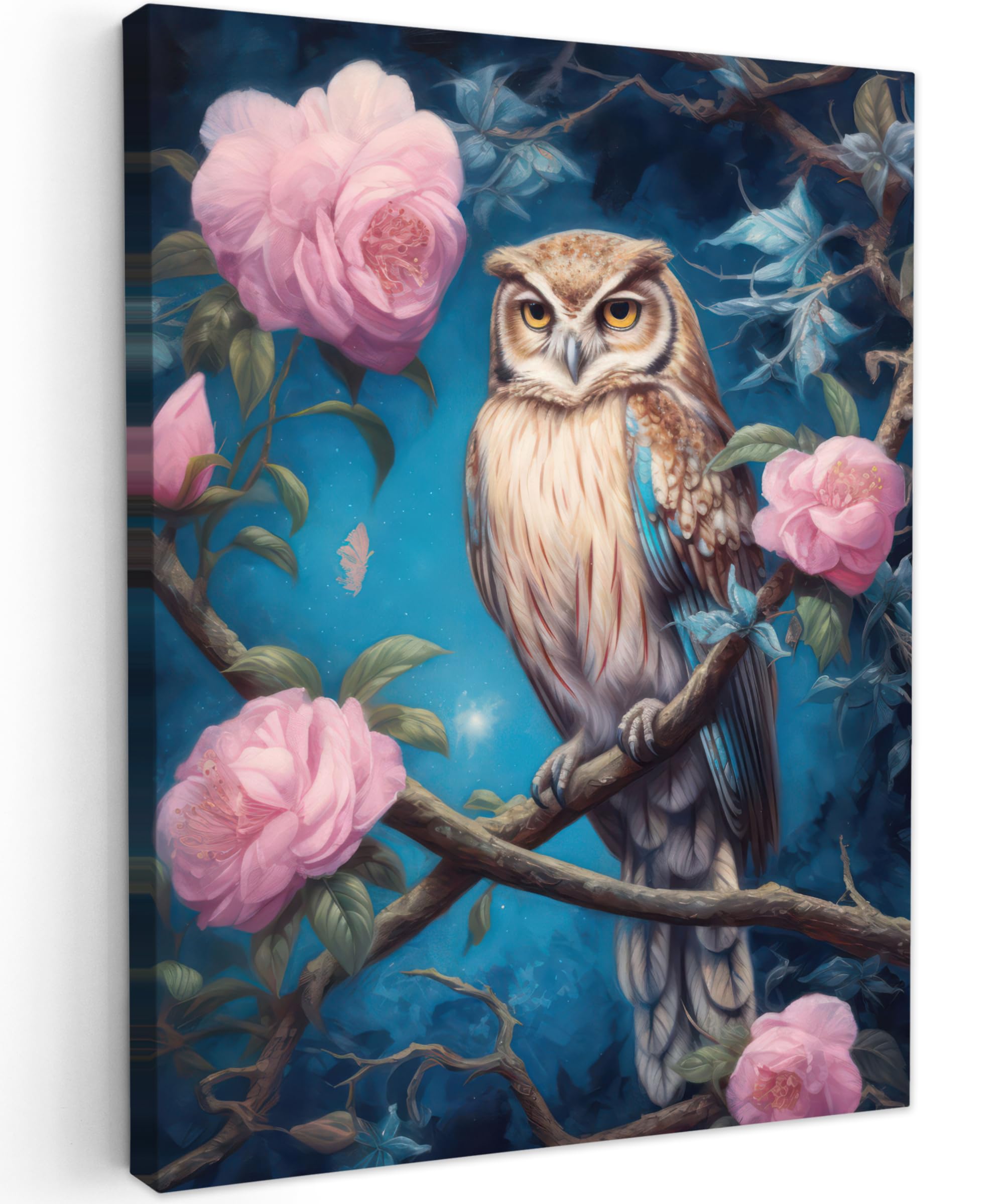 MuchoWow© Canvas Wall Art Work 24"x31" / 60x80 cm House Decoration for Living Room Home Decor Pictures Walls Owl - Roses - Blue - Flowers — image 1