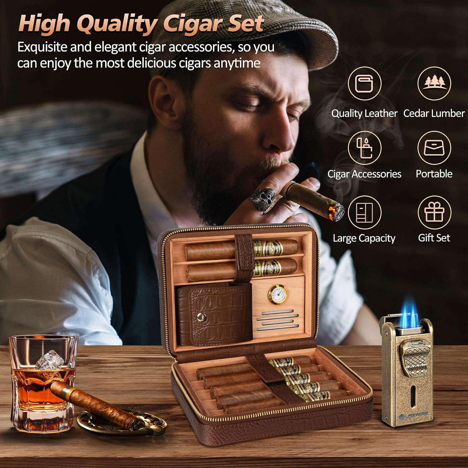 Cigar Humidor, Cedar Wood Leather Cigar Box Set with Cigar Lighter, Cigar Humidifier and Cedar Tray, Portable Travel Cigar Case for 7 Cigars, Men's Cigar Accessory Gift (No Butane)