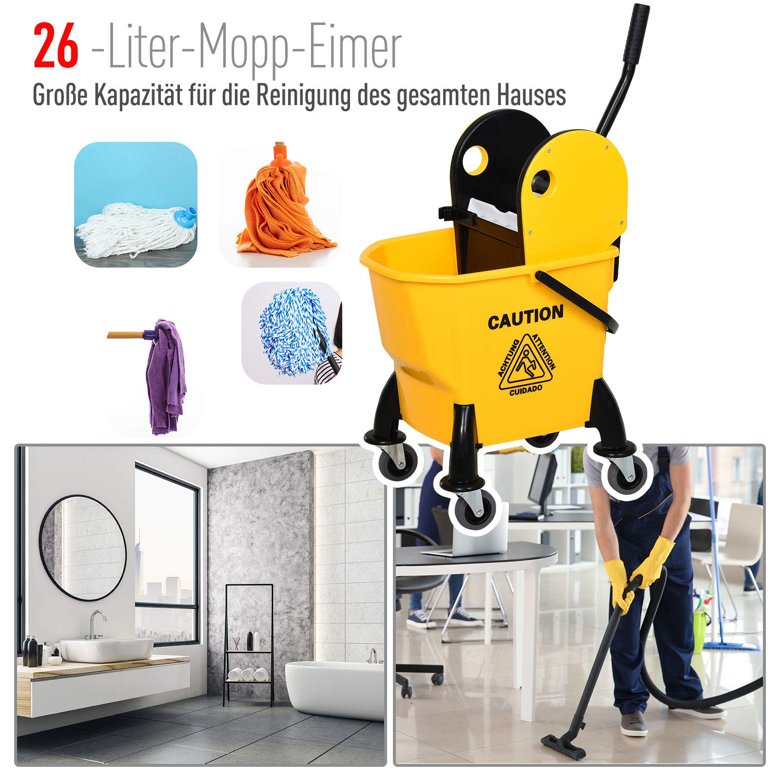 HOMCOM Carro de Limpieza con escurridor, 26 litros, Amarillo, 44 x 36 x 90 cm