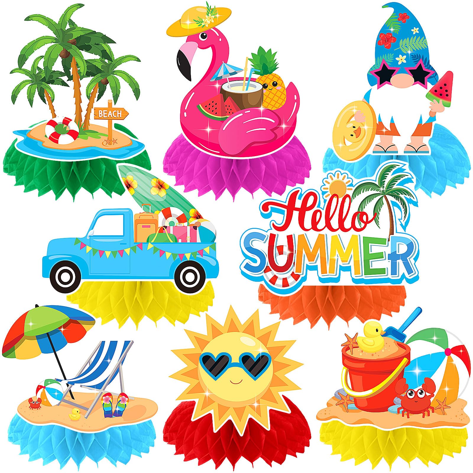 JULMELON 8PCS Summer Party Decorations Honeycomb Centerpiece, 3D Double Side Summer Beach Pool Party Table Toppers for Hawaiian Theme Party Decorations Hello Summer Beach Party Favors Supplies