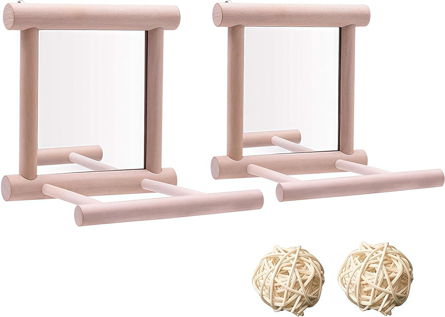 HANZE Bird Mirror Swing with Rattan Ball | Natural Wood Parrot Toy with Metal Hooks for Macaws, Cockatiels, Parakeets, Lovebirds | Safe Chewing &amp; Mental Stimulation - 2 Pack