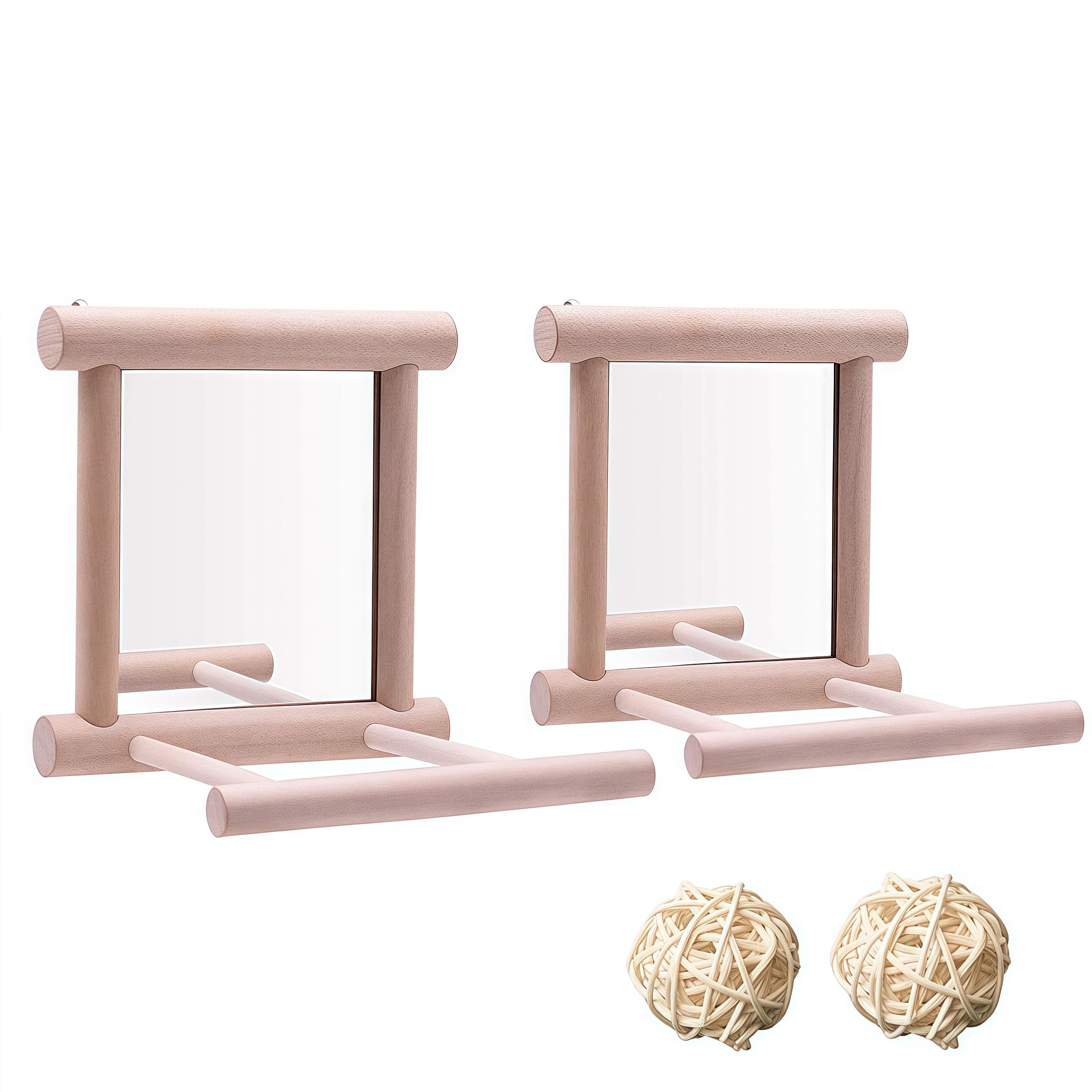 HANZE - Specchio a Forma di Uccello con Altalena a Forma di Colibrì, posatoi per pappagalli, Altalena, Giocattolo in Legno, per Ara, cacatua, parrocchetto, fringuello, 3.9 x 3.9 x 3.9 Inches, 2 Pack