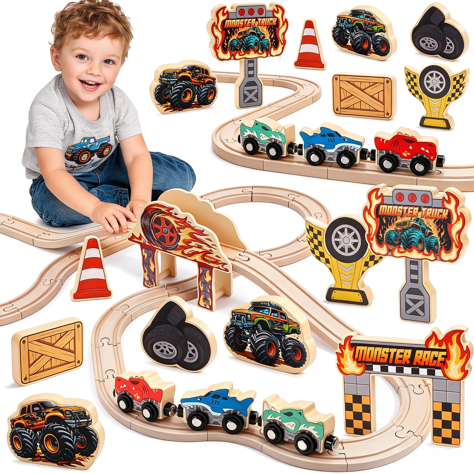 WootoyCar Toddler Toys for 2 3 4 Year Old Boys, Wooden Train Set for Boys Toys Age 2 3 4 5 Monster Gifts for 2-6 Year Olds Boys Girls Monster Train Track Wooden Toys for Boys Railway Track Car 32PCS