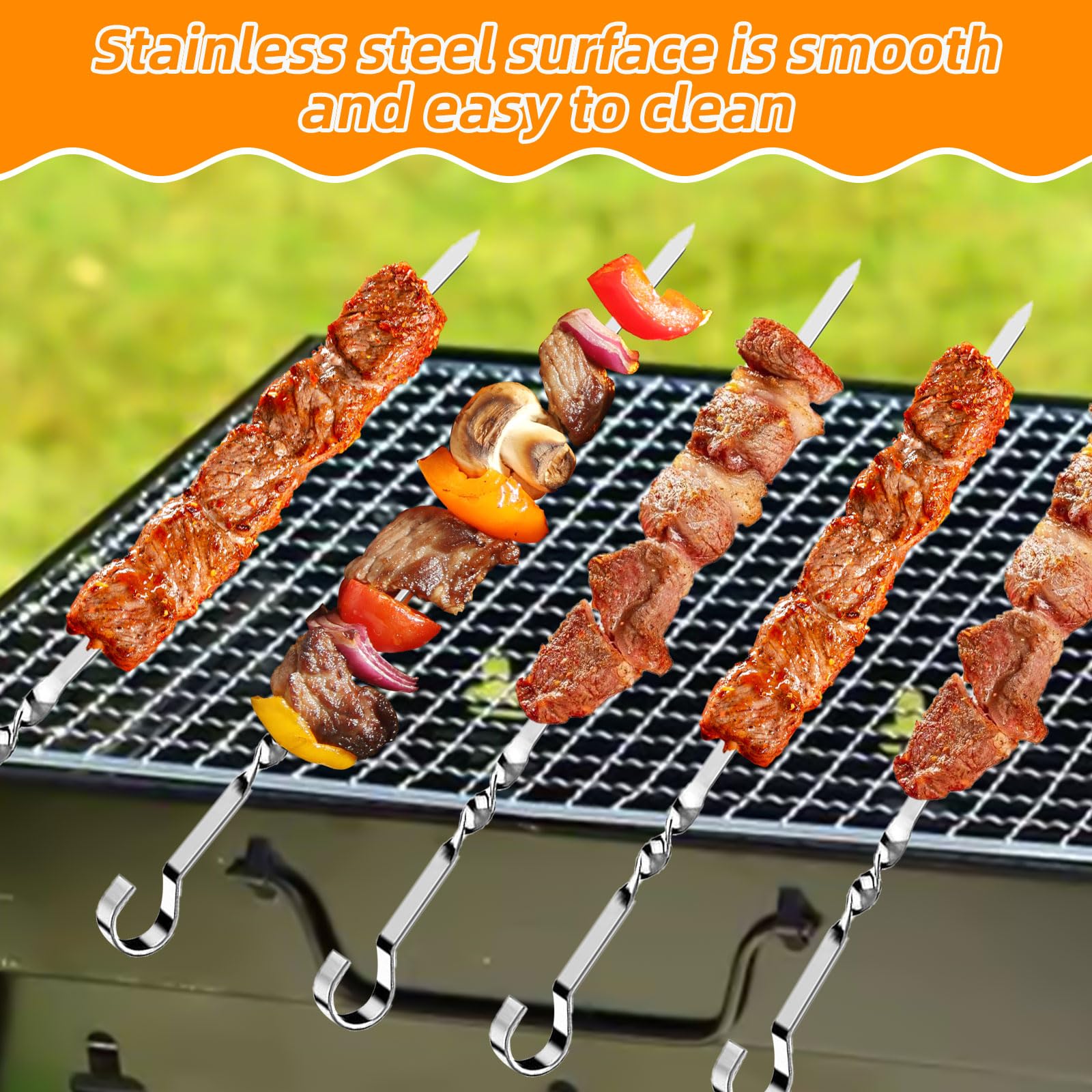 Brochettes en Acier Inoxydable 24 Pièces avec Pinceaux Réutilisables pour Barbecue Viande Légumes