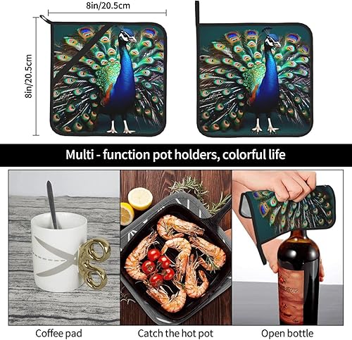 Miniatura 8 de Juego de almohadillas calientes de 8 x 8 pulgadas con estampado de pavo real, antideslizante, resistente al calor, para hornear cocinar y cocinar