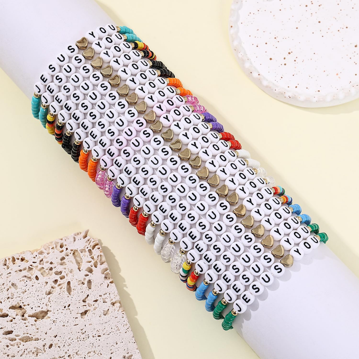 Taouzi 24Pcs 𝐉𝐞𝐬𝐮𝐬 𝐋𝐨𝐯𝐞𝐬 𝐘𝐨𝐮 Bracelets Bulk Handmade Clay Beads 𝐁𝐢𝐛𝐥𝐞 𝐕𝐞𝐫𝐬𝐞 Bracelets Christian Friendship Jewelry Xmas Gifts for Women - Image 6