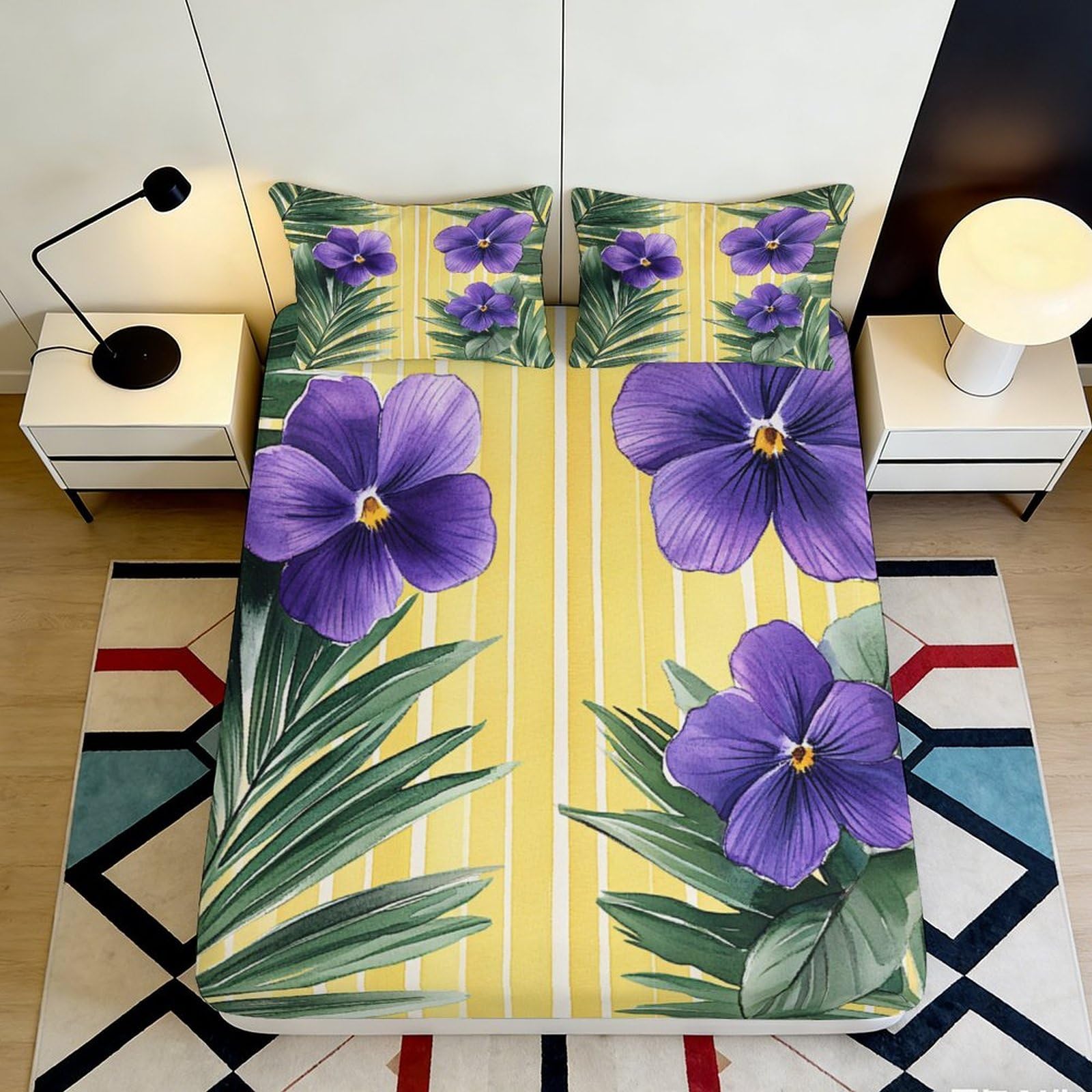Decorative Violet Floral Fitted Sheet Yellow 3D Printed Microfiber Soft Touch, Bed Sheet, Apartment Bedding, Easy Care, Guest Bedroom, Dustproof 120x200x25cm