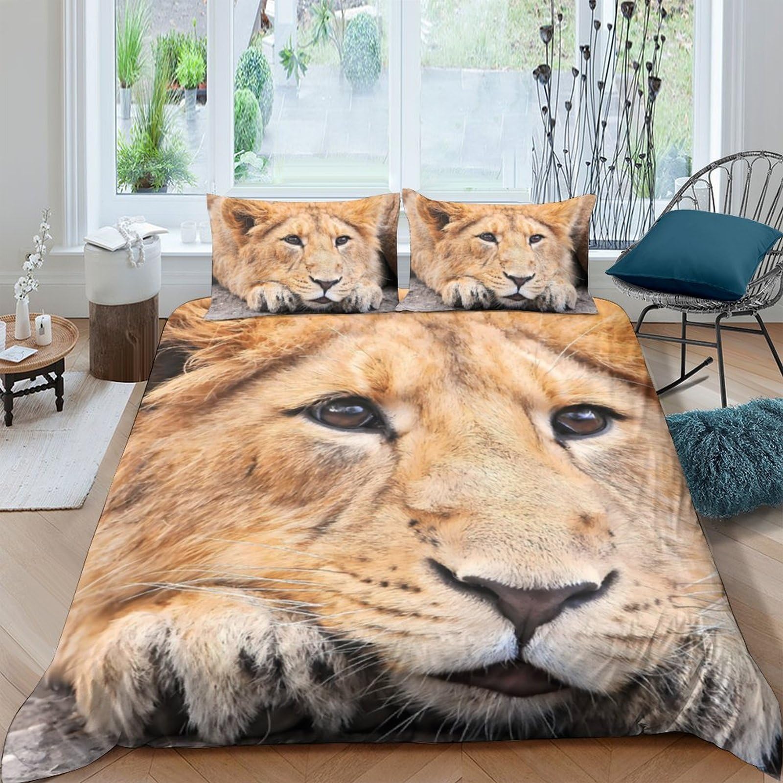 3D Printed Lion Face Duvet Cover Microfiber Soft Breathable Wild Animal Bedding Set with 2 Pillowcases for Bedroom Decor Single（135x200cm）