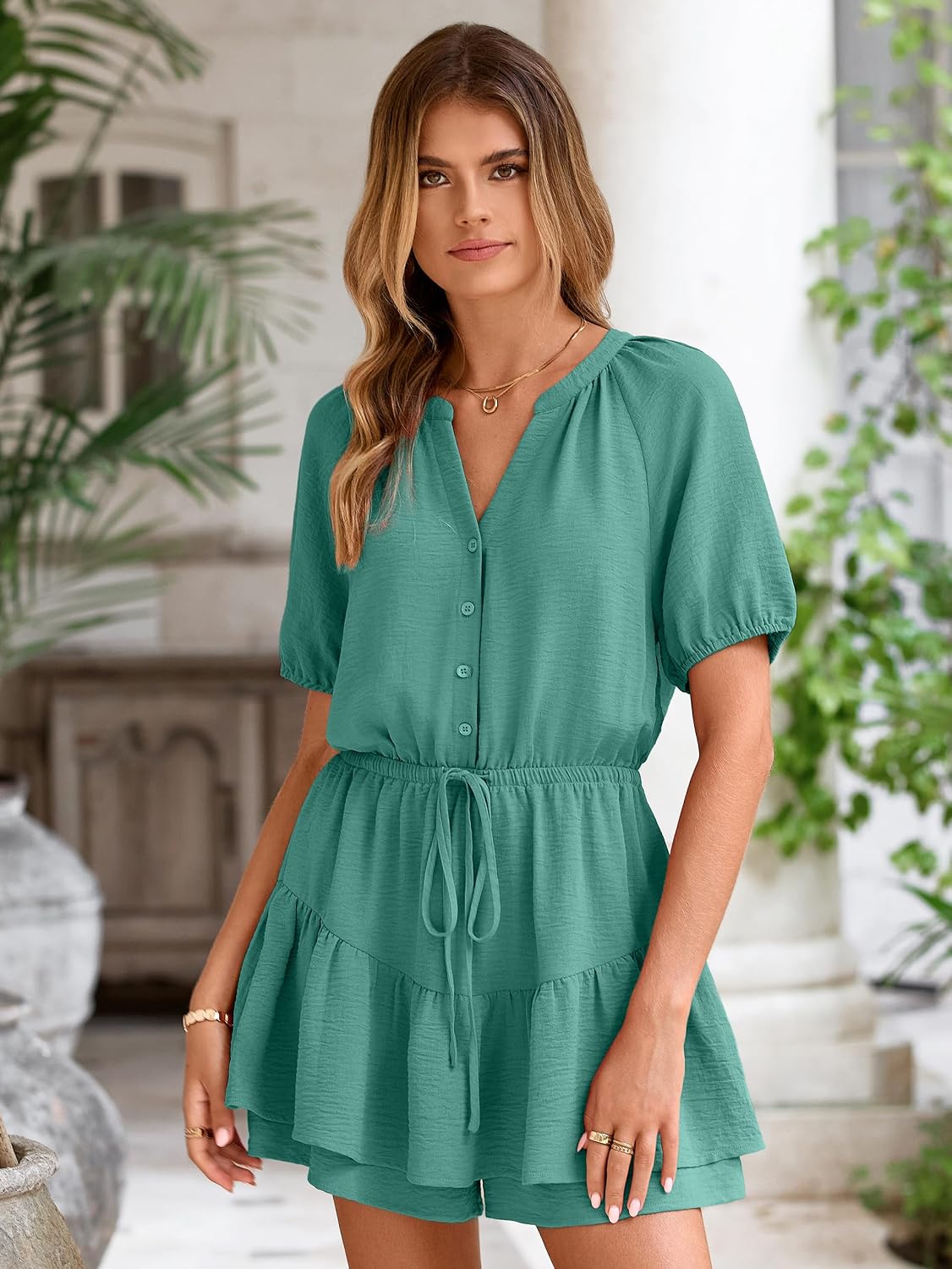 Simplee Womens Cute Summer Rompers - Casual V Neck Short Sleeve Ruffle Boho Romper Dresses Beach Outfits