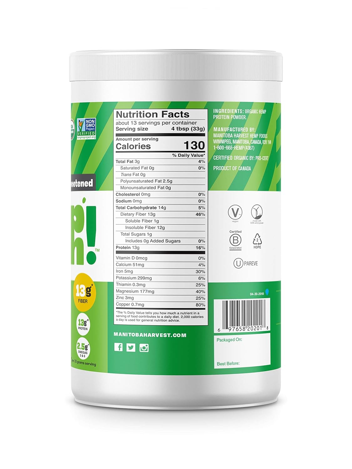 Manitoba Harvest Hemp Yeah! Organic Max with 13 g Fiber & 13 g Protein Powder, Unsweetened, 2.5 g Omegas 3&6 per Serving, Keto-Friendly, 16 Oz : Health & Household