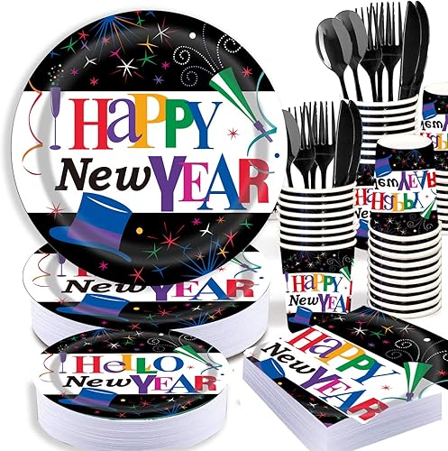 Black Happy New Year Party Supplies - Juego de vajilla para fiesta de Año Nuevo 2024 y plato redondo para fiesta de postre para 25 invitados disponible en Yaxa Colombia