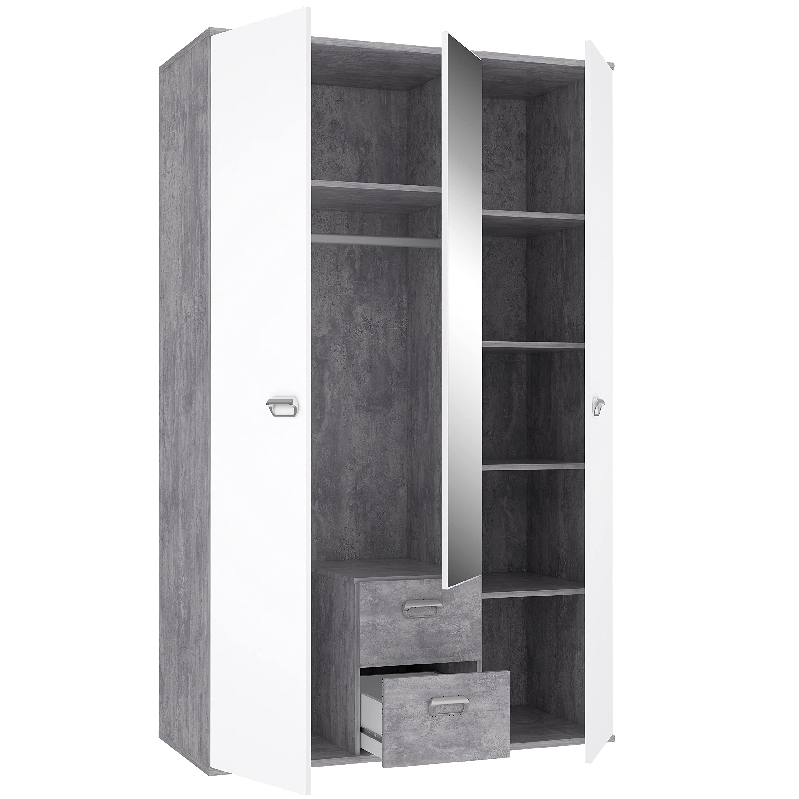 FORTE EMILY Schrank 110 120, Kleiderschrank mit Spiegel Kinderzimmerschrank mit 3-türig 2 Schubladen Einlegeböden Kleiderstange, Weiß / Betonoptik Grau, 115 cm breit x 188 cm hoch x 53 cm tief