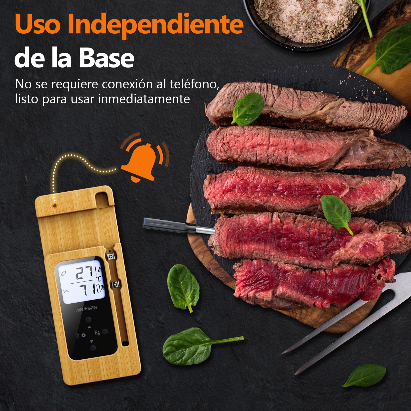 AIRMSEN Termómetro de Carne Inalámbrico con Pantalla LCD, Impermeable IPX8, Termómetro de Barbacoa Bluetooth con Alcance de 150m, Control por App, Mango de Cerámica, para Parrilla, Horno y BBQ