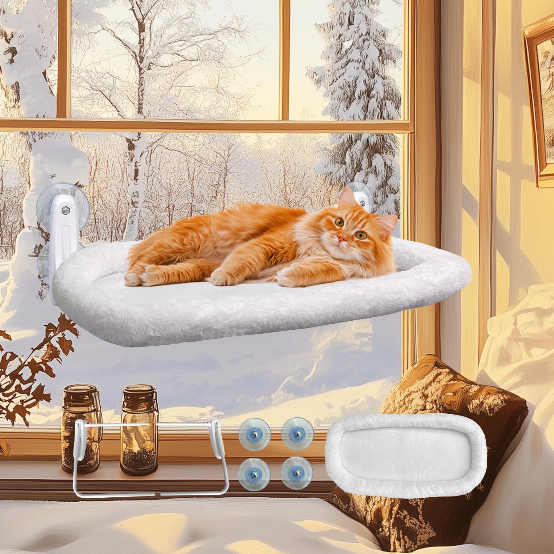 L&W BROS. Amaca per gatti con 4 ventose, facile da montare, 61 x 30,5 cm, per gatti grandi e pesanti da interni (L 1 pezzo con letto)