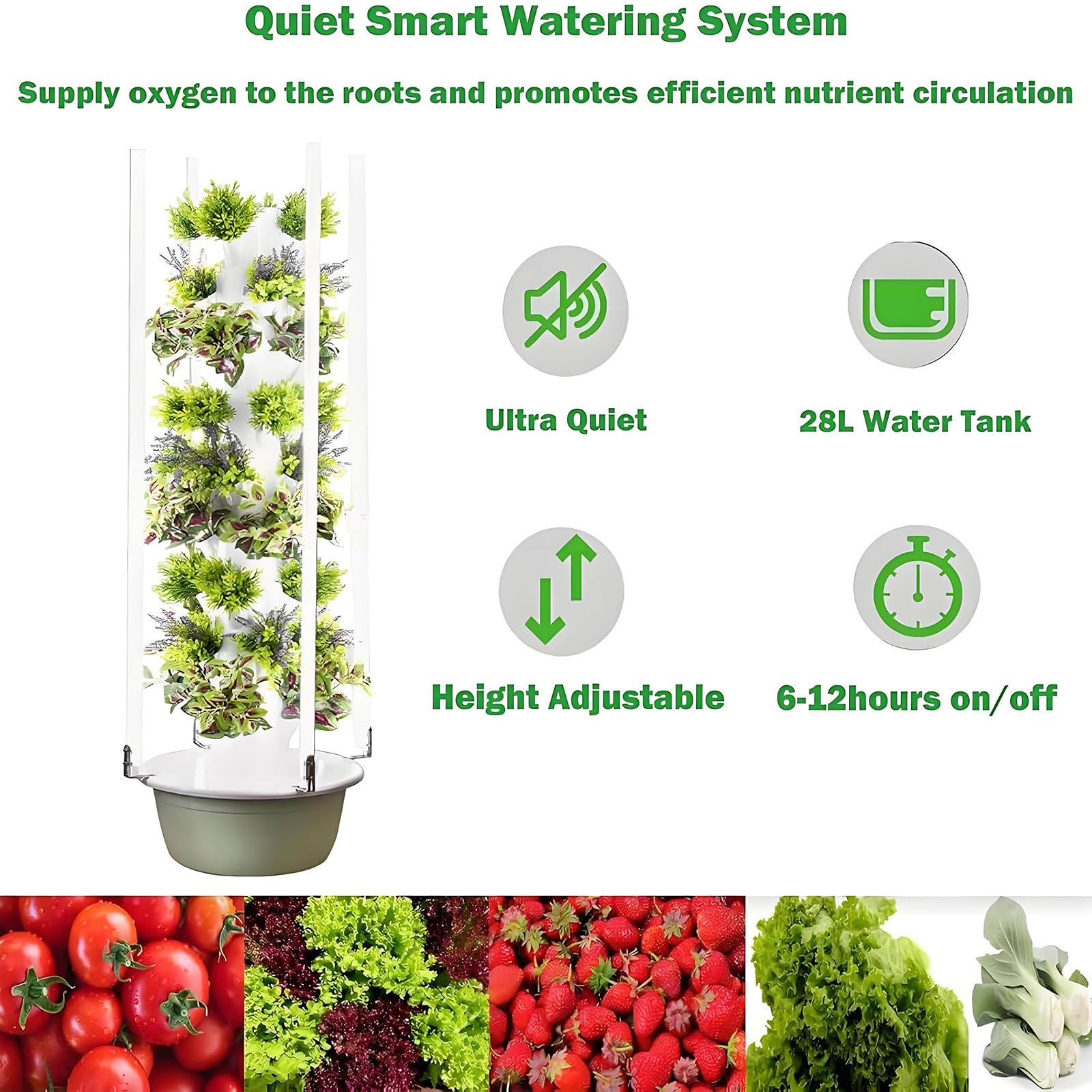 Sistema de Cultivo hidropónico Vertical Tipo Torre con aeroponía automatizada y Luces LED para el Cultivo de Hierbas aromáticas y lechugas en Interiores.