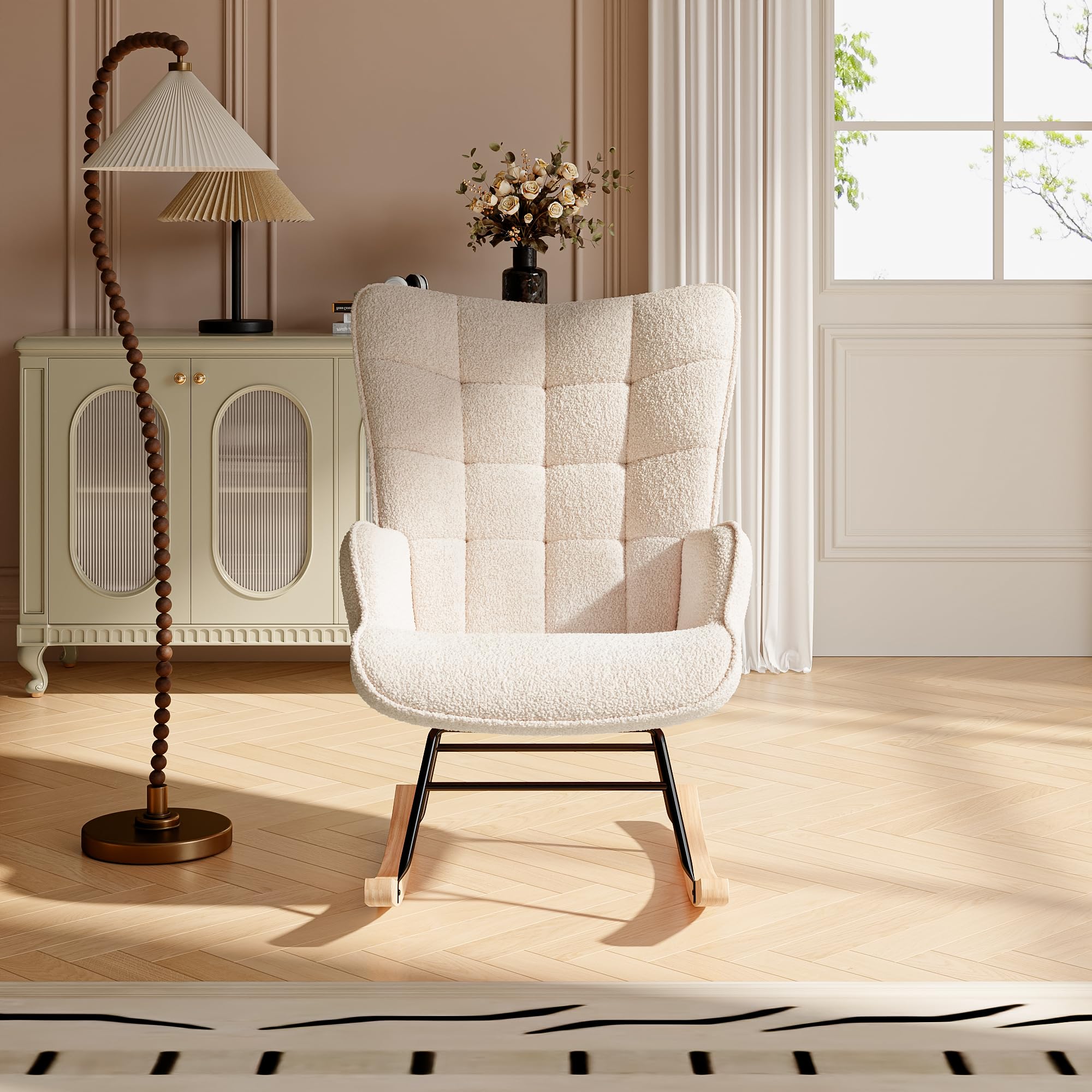 Fauteuil à Bascule, Rocking Chair, fauteuil a Basculeavec Polaire Sherpa, chaise a Bascule Allaitement, Chaise à basule, avec Pieds en Bois Massif pour Salon, Chambre, Balcon, Terrasse, Jardin