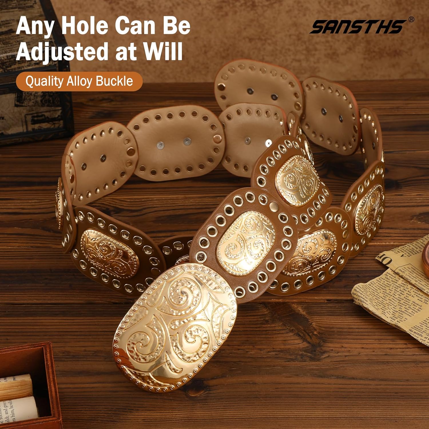 SANSTHS Women Concho Wide Western Disc Belt for Jeans Dress, Cowgirl Cowboy Boho Belt for Ladies