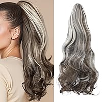 Vista 25 de Felendy - Extensión de cola de caballo con pinza de garra, 18 a 20 pulgadas, gran cola de caballo ondulada para mujer, rubio ceniza