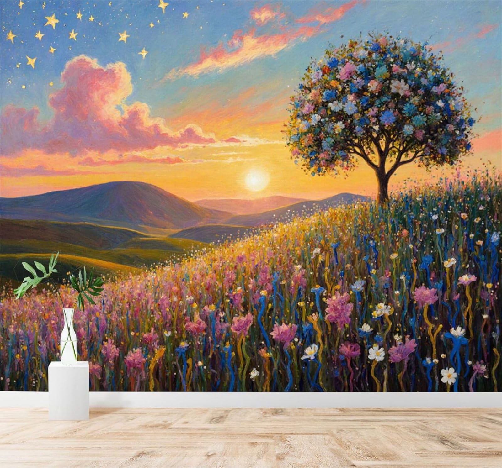 Xlming 300Cm×210Cm(B×H) Sunset Scenery Blossoming Trees Colourful Meadows Starry Sky 3D Wallpaper Silky Texture Home Study Office Grey Dining Room Sofa Bedroom Living Room Tv Backdrop-300Cm×210Cm
