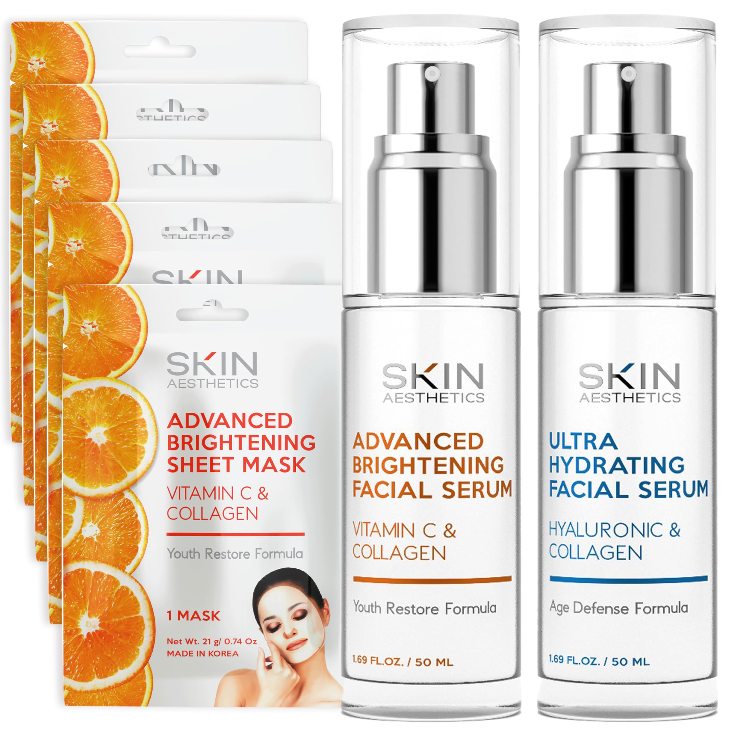 Hydrating Face Mask and Serum Set with Vitamin C, Hyaluronic Acid & Collagen - Smooths Fine Lines, Supports Firmness - Dermatologist Tested, Korean Skin Care, Vegan - 3 Pc Bundle