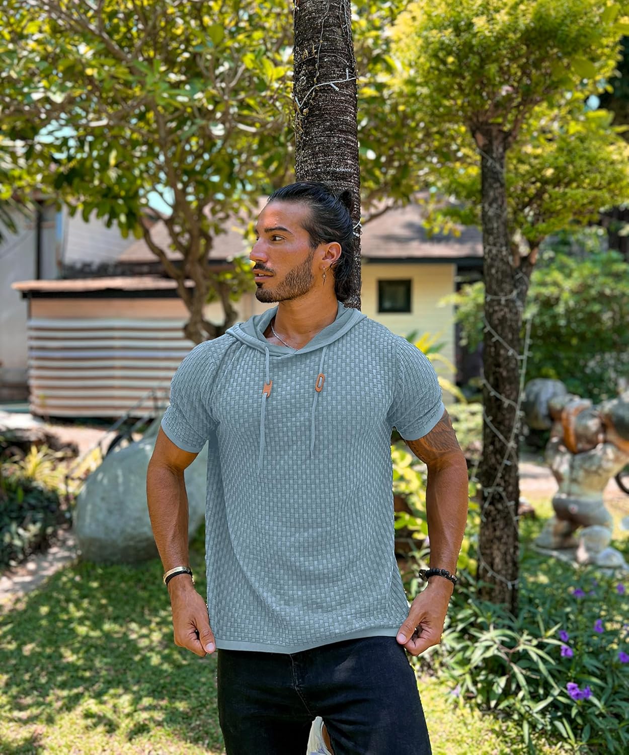 Zaitun Men's Short Sleeve Hoodie Shirt Casual Waffle Knitted Pullover Sweater