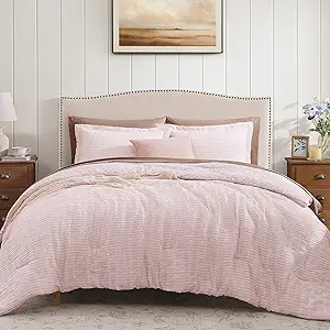 Queen Comforter Set - 7 Pieces Pink Gauze Muslin Bedding Sets for All Seasons, Lightweight Breathable Bed in a Bag Queen with Revesible Farmhouse Comforter, Sheets, Pillowcases & Shams