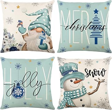 UBING Christmas Pillow Covers 18x18 Blue Farmhouse Decoration Set of 4 | Xmas Throw Pillow Covers, Winter Holiday Indoor Outdoor Decor, Rustic Sofa Bed Living Room Couch Cushion Pillow Cases