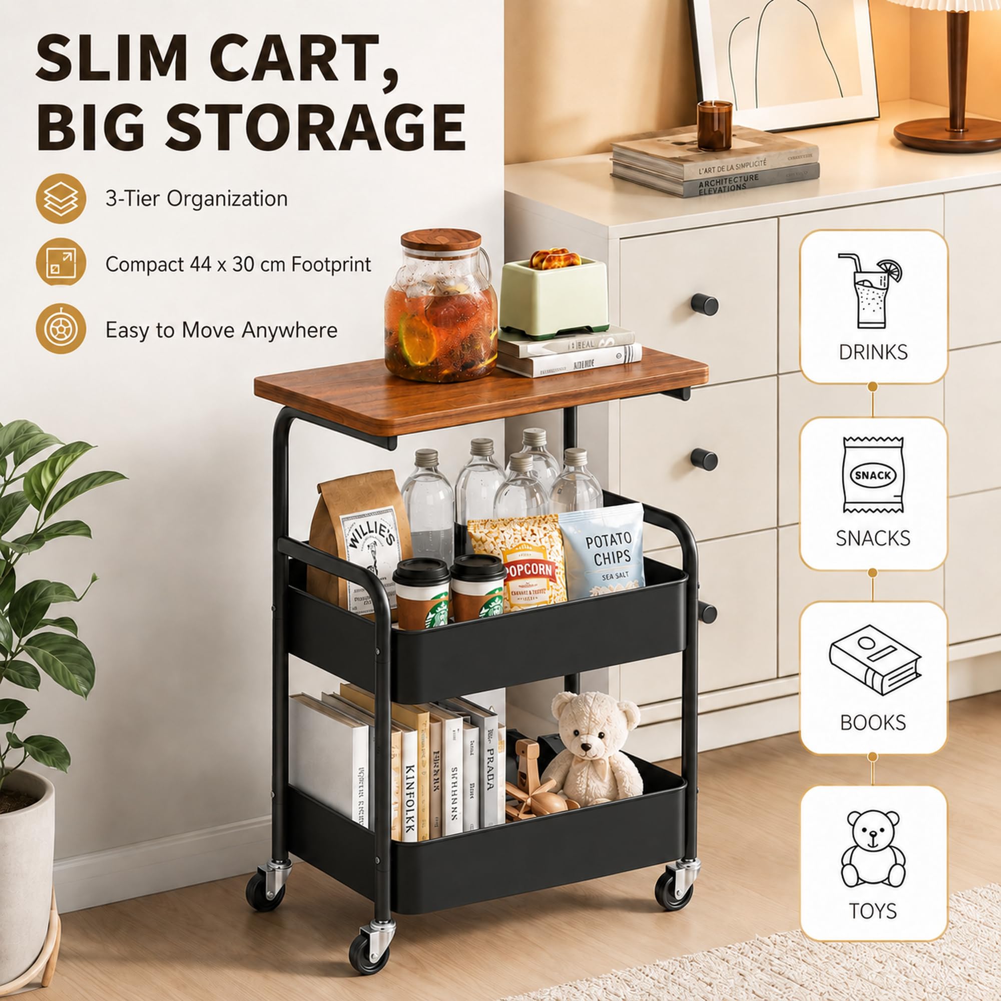 Carrito de libros con 3 niveles, carrito de metal con paneles y tablero de mesa, carrito de servir para cocina, salón, casa y oficina, carrito de cocina con ruedas, carrito de manualidades