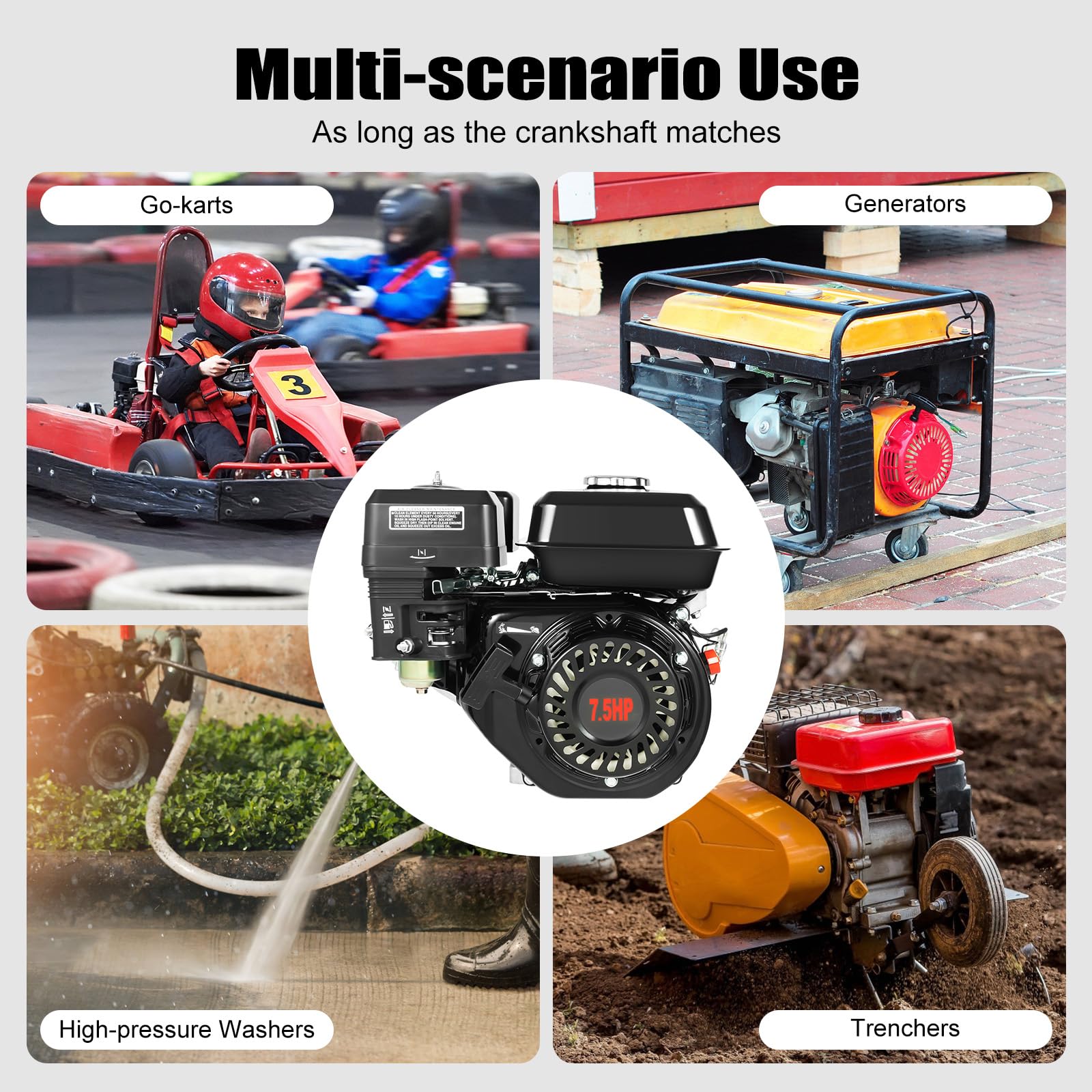 Motore a benzina a 4 tempi, 7 HP, 5100 W, silenzioso, per pompe dell'acqua, generatori, go-kart, 5,1 kW, raffreddamento ad aria, motore monocilindrico, 3600 giri/min, 215 cc (7 HP, nero)