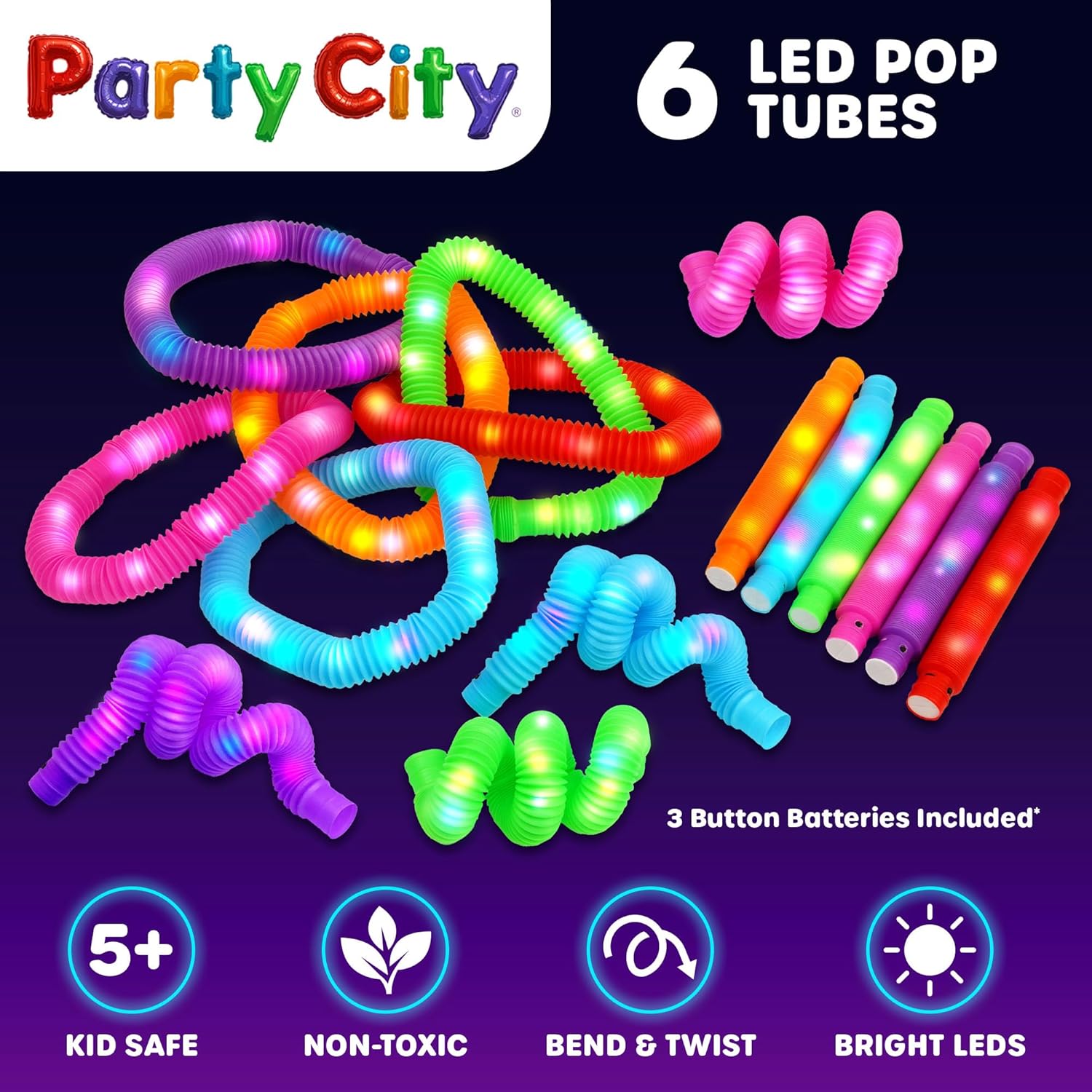 Party City 6pk LED Light Up Pop Tubes 25”- 3 Mode Stretchy Tubes LED Light Up Toys Bulk Glow Sticks Party Favors for Kids Necklaces Bracelets Neon Glow in the Dark Supplies Fidget Sensory Tube Pack - Image 6
