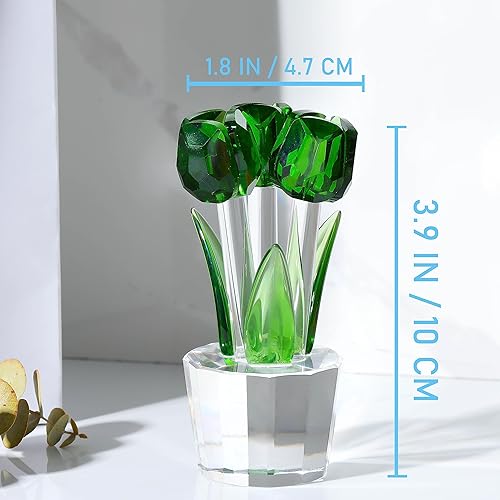 Miniatura 5 de Qianwei Figura de flores de tulipanes de cristal verde con jarrón Ramo de flores de cristal, figuras coleccionables, decoración de cristal para