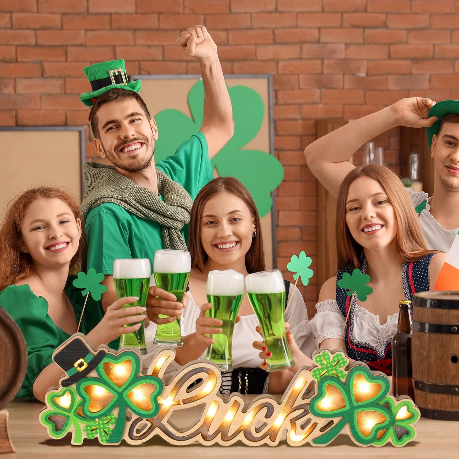 Sieral St. Patrick's Day Wooden Shamrock Decor Lighted Table Sign Table Centerpieces Luck Block Signs Rustic Irish Farmhouse Green Tabletop Decoration with LED Lights for Home Mantel Holiday Party