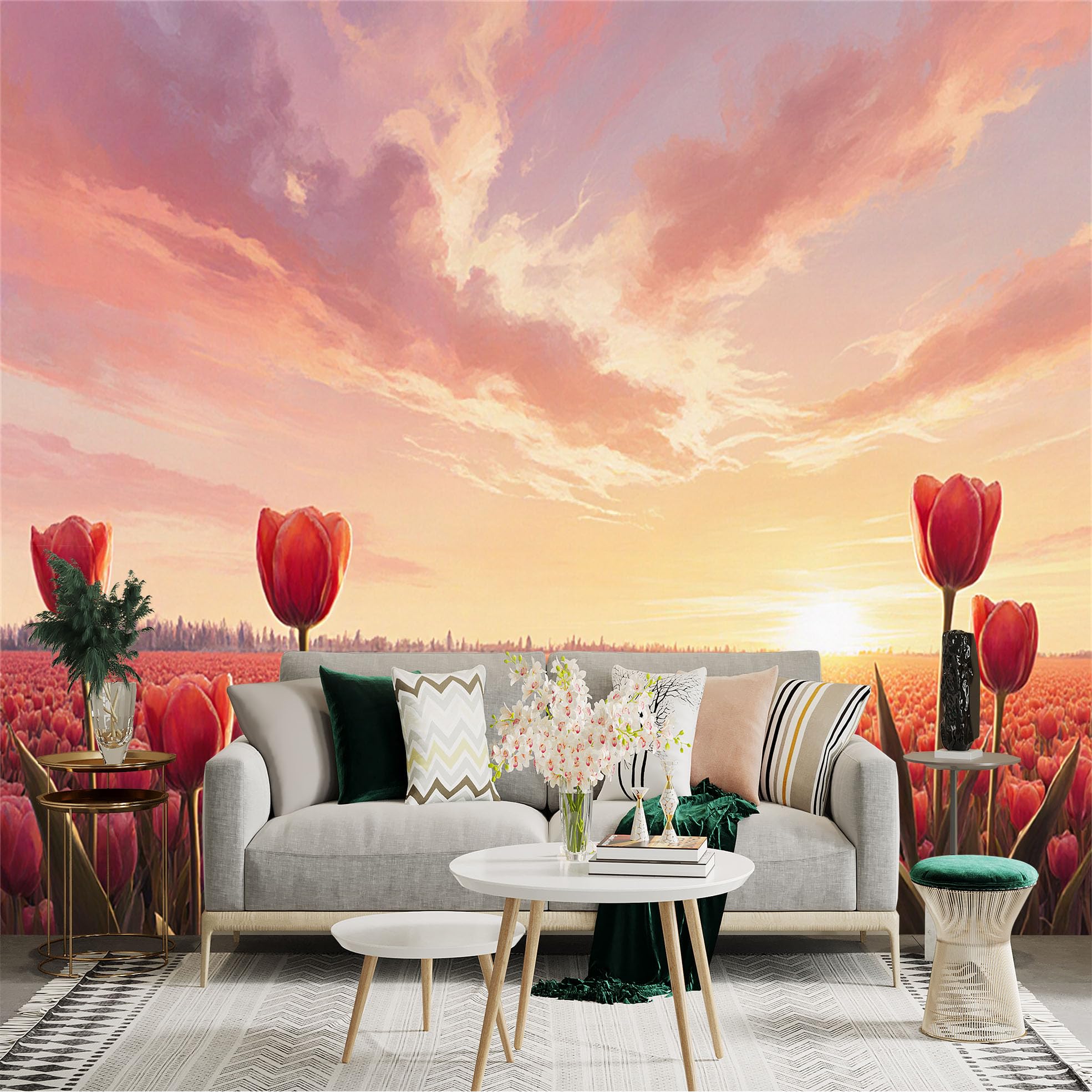 Custom Size Wall Sticker Mural， Red Tulip Field， Sunset Sky， Vibrant Floral Landscape， Botanical Nature View， for wall Decoration， peelandstick wall Decals.