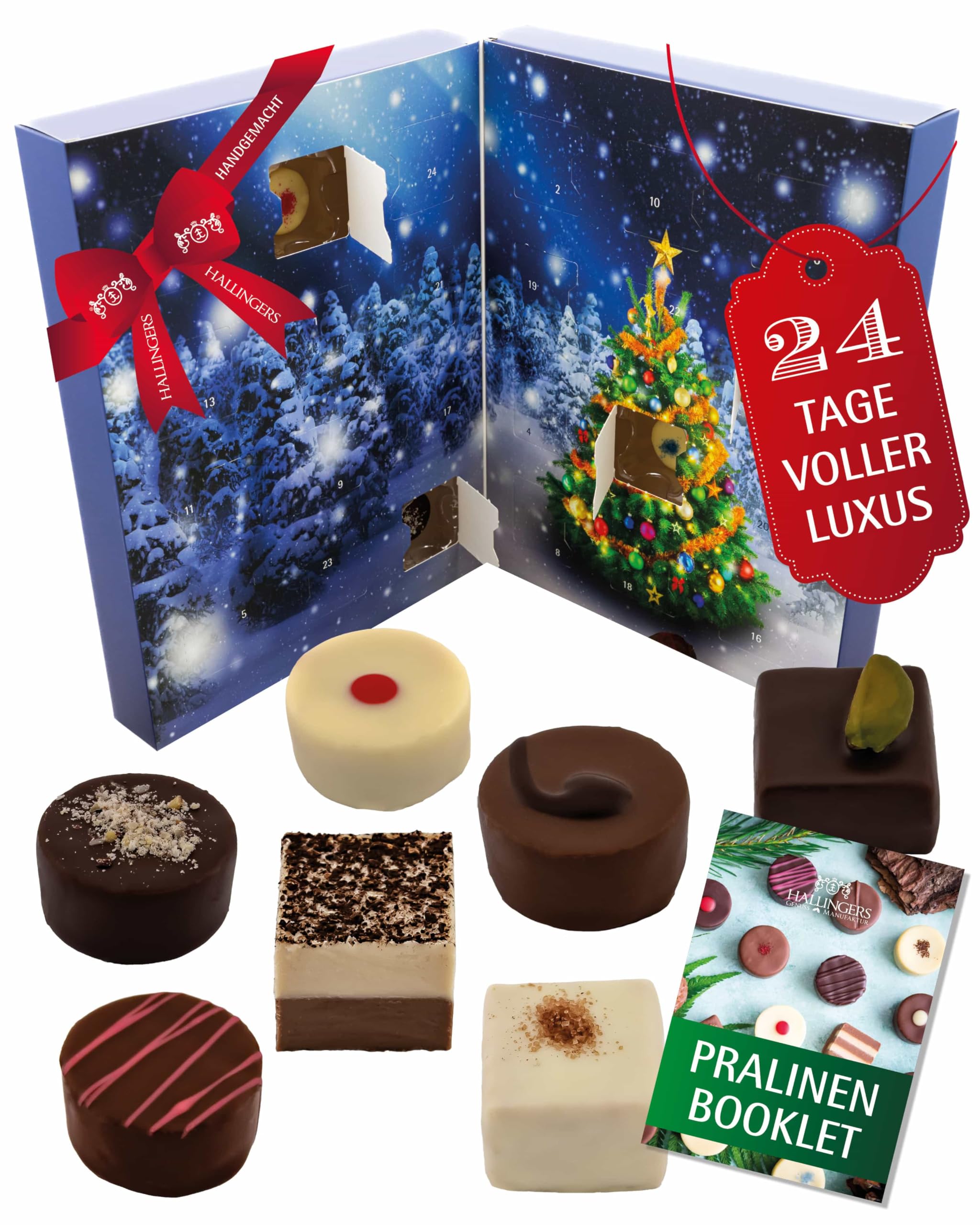Hallingers Genuss Manufaktur Pralinen Adventskalender - ohne Alkohol, handmade aus Edelkakao in wertigem Softfeel-BuchKarton 