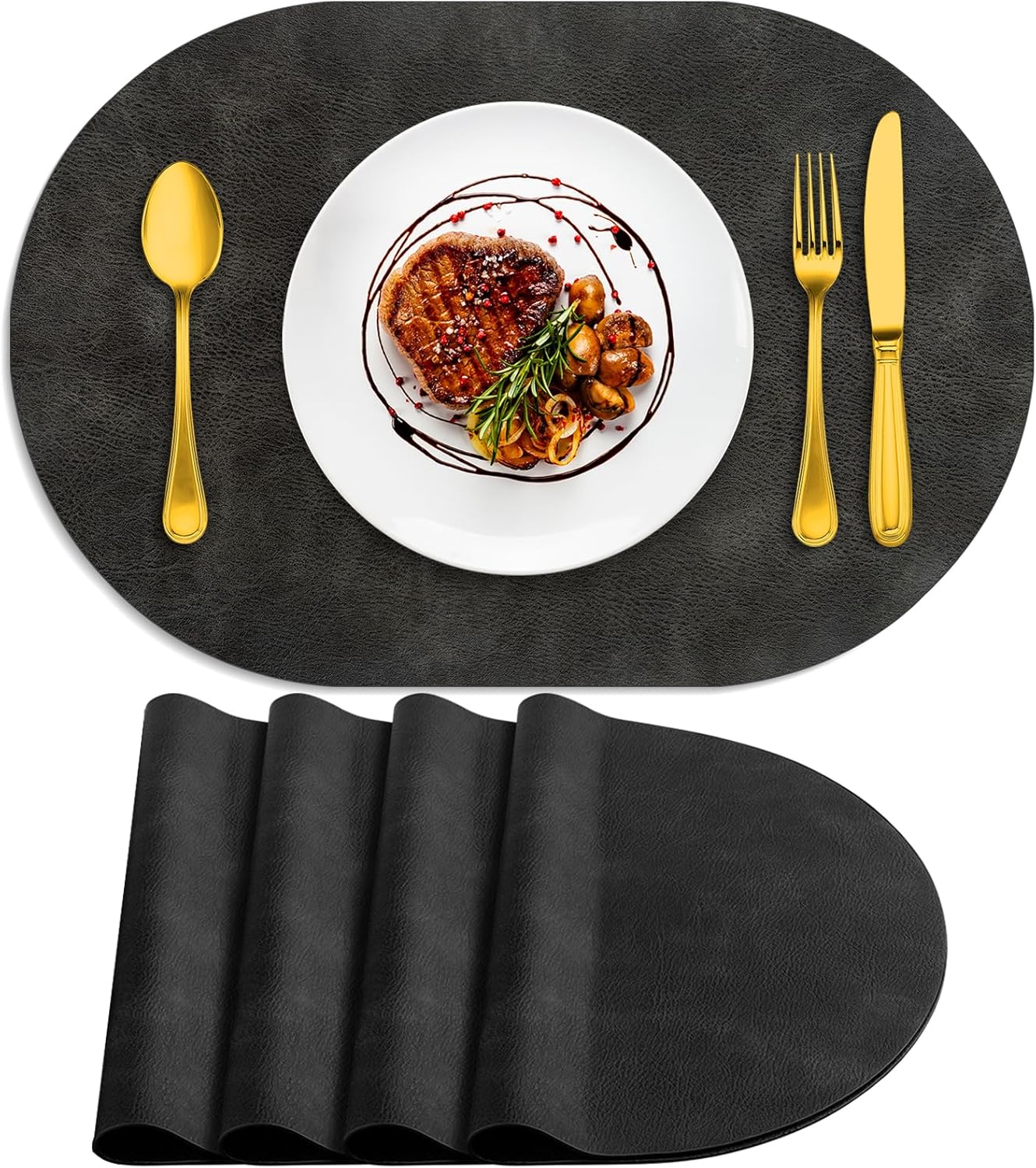 adrimer placemats, heat resistant oval placemats set of 4 washable 12 x 17 inch, waterproof table mats, wipeable pu place mats for kitchen, dark grey dark grey 4pcs, 12" x 17"