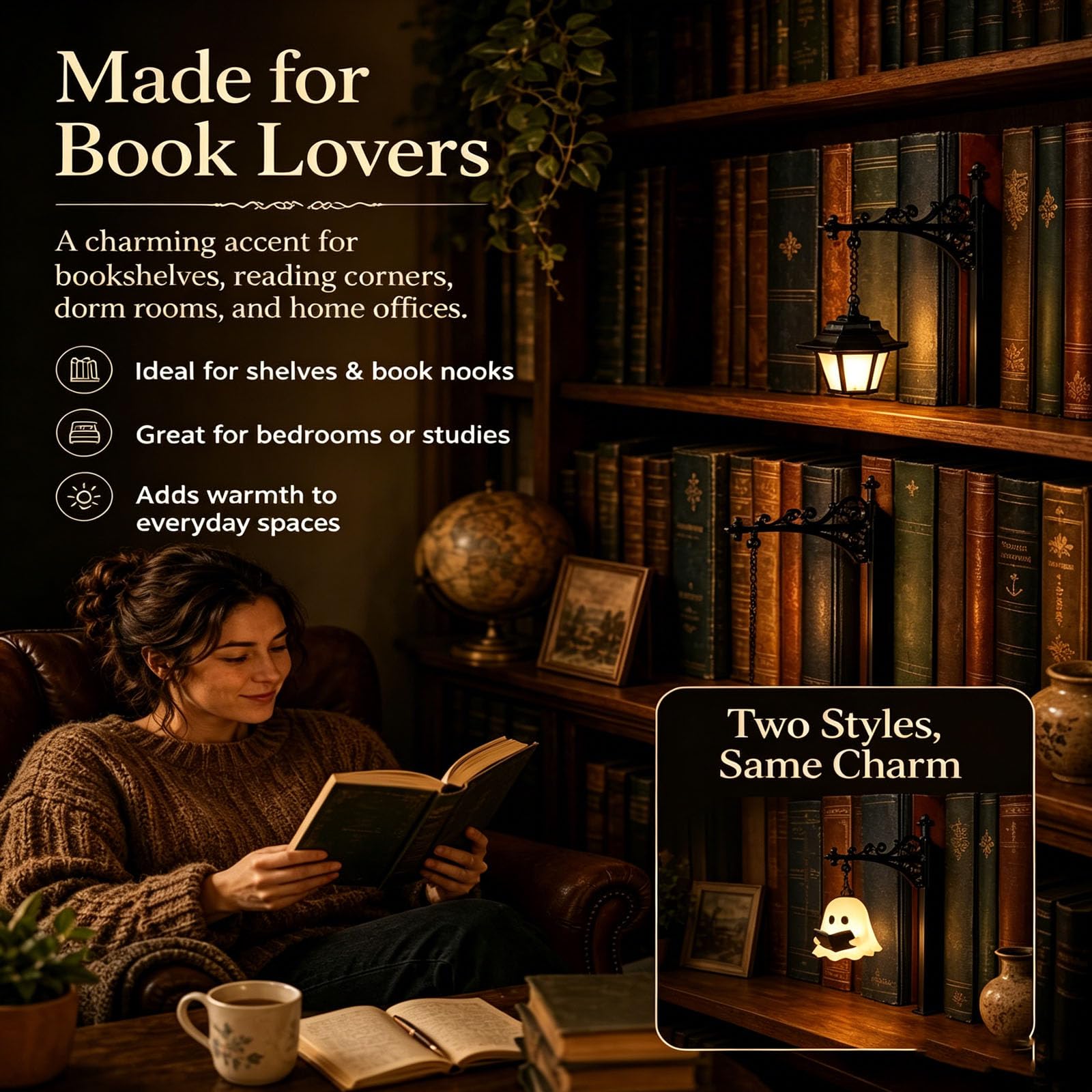 Linterna de biblioteca Mini lámpara LED para estantería, iluminación de rincón de libro colgante de hierro de madera vintage, luz de lectura portátil cálida, adorno literario (B3pcs)