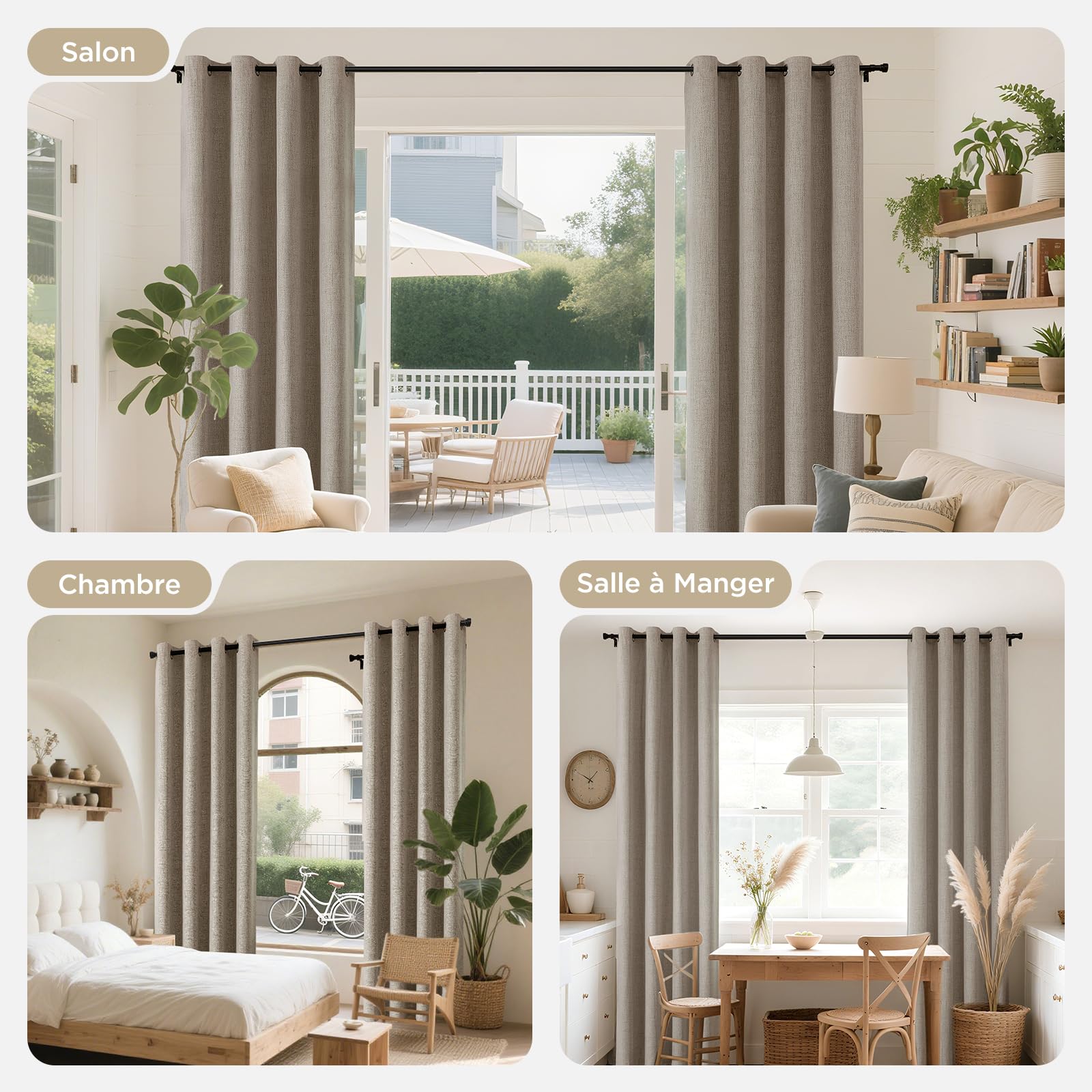 Joydeco 100% Rideau Occultant Thermique Isolant Anti Froid et Chaleur 140x245cm 2 Pièces, Rideaux Opaques Effet Lin à Oeillets Anti UV Anti Bruit, Decoration Chambre Maison Salon - Lin Naturel