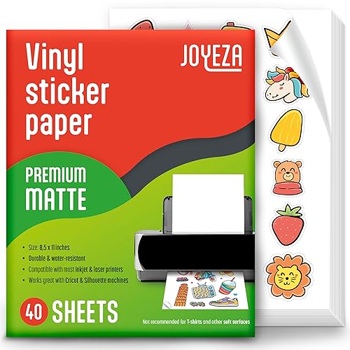 JOYEZA Premium Printable Vinyl Sticker Paper for Inkjet Printer - 40 Sheets Matte White Waterproof, Dries Quickly Vivid Colors, Holds Ink Well- Tear Resistant - Inkjet & Laser Printer - 40-Pack