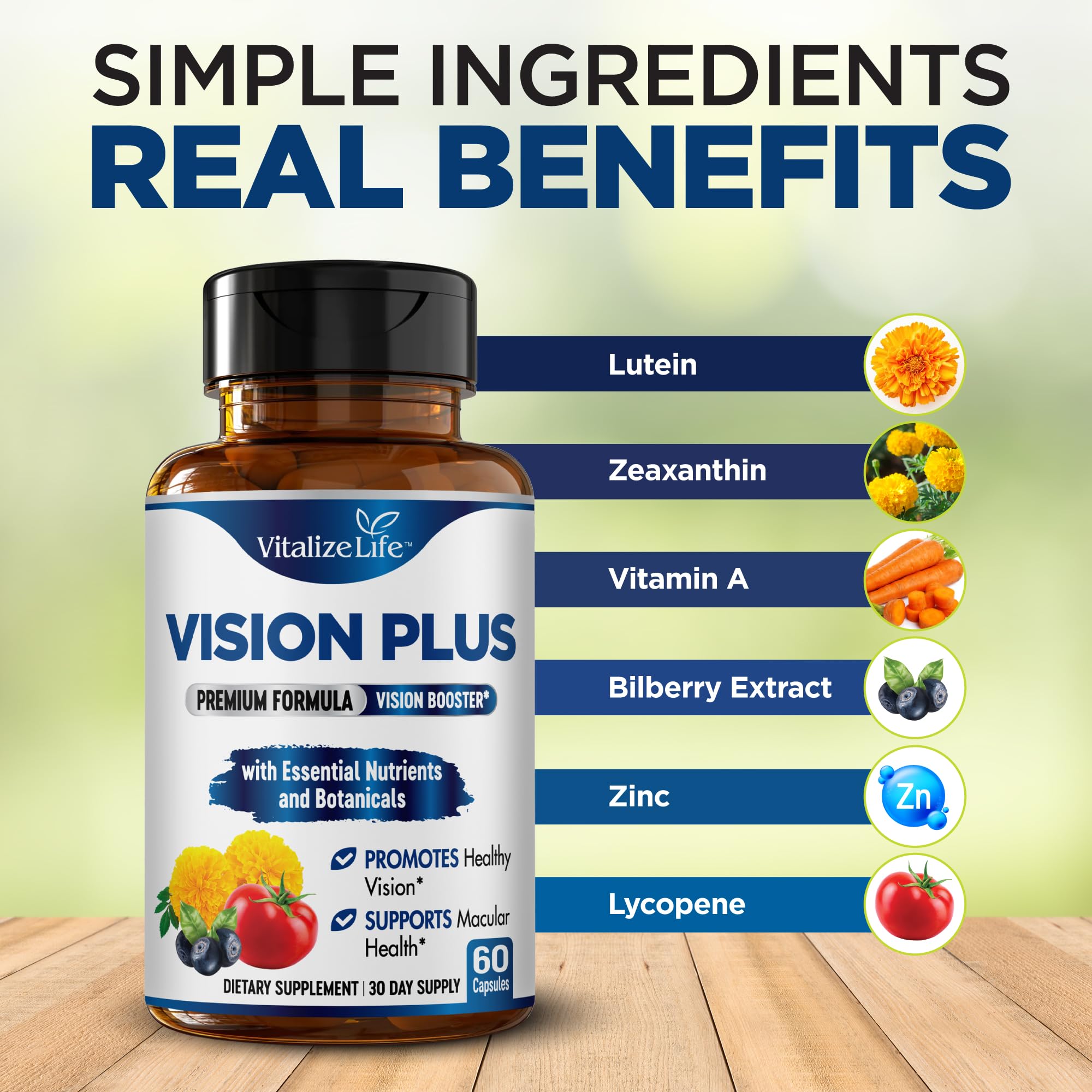 Vision Plus Complete Eye Supplements for Adults – Eye Vitamins for Seniors with Lutein, Bilberry, and Zeaxanthin – Eye Vitamin and Mineral Supplement for Clarity and Sight Care – 60 Capsules — Amazon image 2