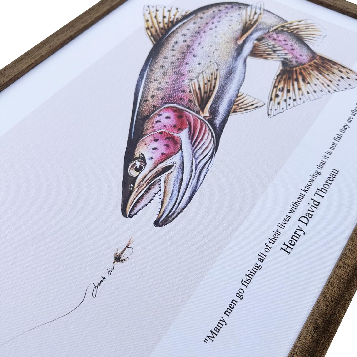 Framed Fly Fishing Trout Canvas Wall Art - The Trout Eyeing the Fly, Fishing - Themed Painting Prints, Outdoor - inspired Wall Decor, Ideal for Man Caves, Offices and Lure Lovers' Spaces 16" x 24"