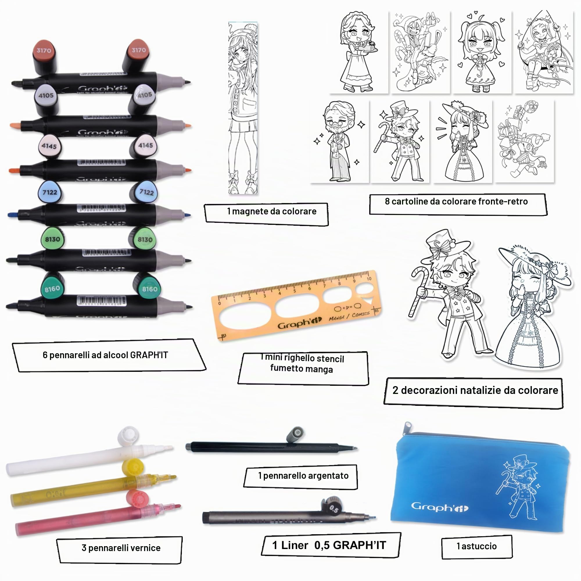 GRAPH'IT Calendario Avvento Manga 2024-24 sorprese creative per fan del disegno - Per adulti e bimbi - Pennarelli, astuccio, feltro inclusi - Idea regalo unisex