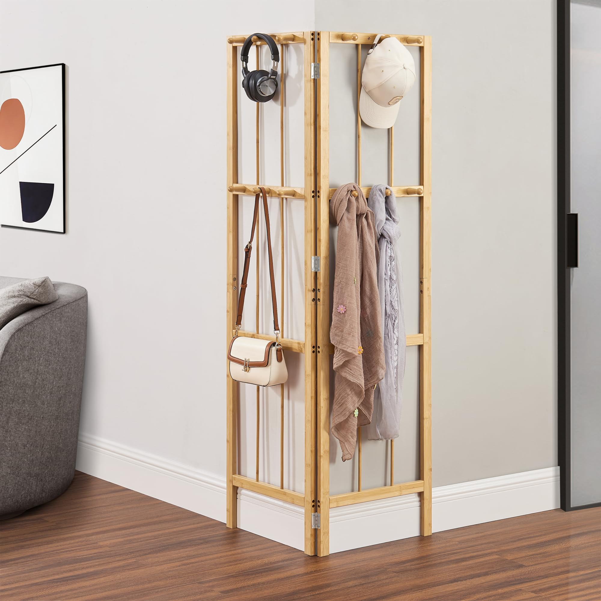[en.casa] Appendiabiti Angolare 2 Pannelli a Griglia con 12 Ganci Porta Abiti Appendiabiti Autoportante Regolabile in Angolazione 165,5 x 92 x 8 cm Bambù Naturale