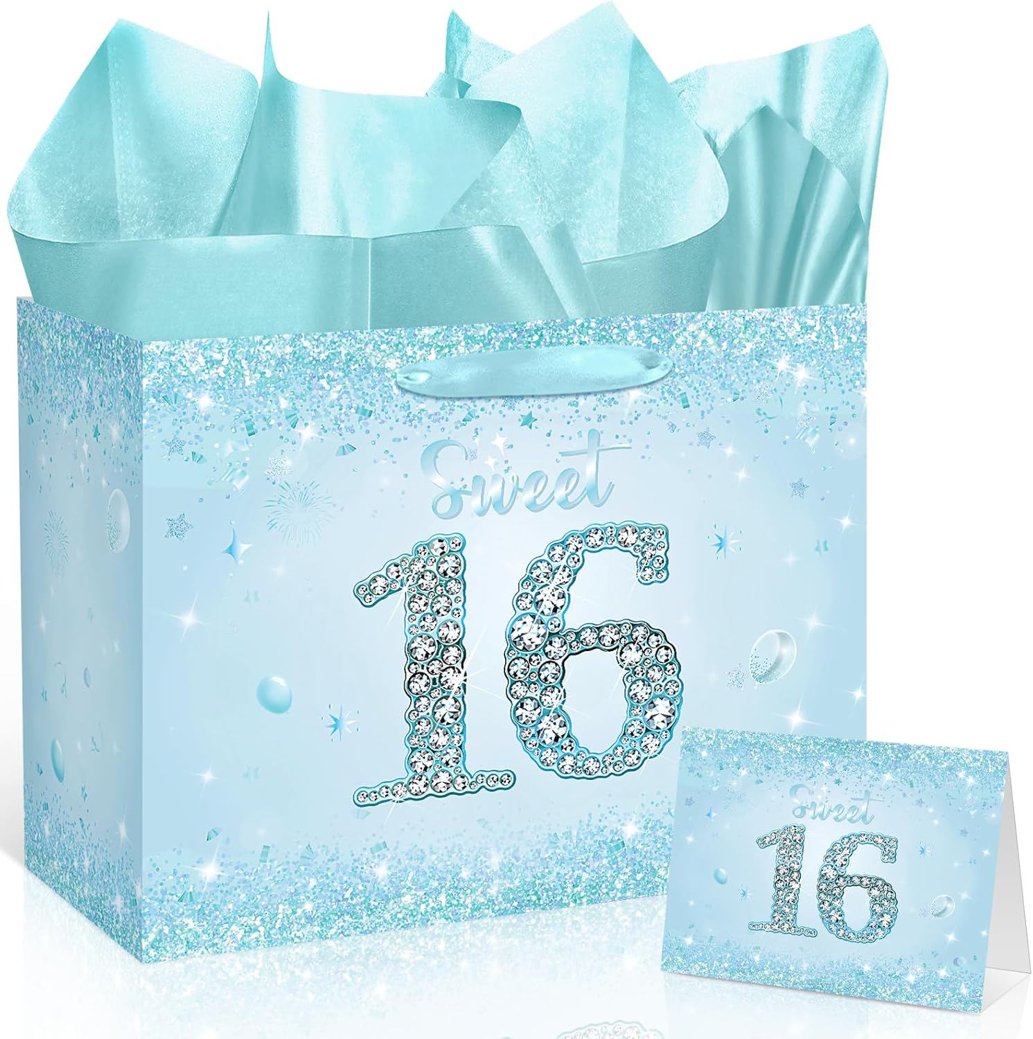TagreSpike Sweet 16th Birthday Gift Bag for Girls, Light Blue 16th Birthday Party Decorations Large Sweet 16 Gift Bag with Card and Wrapping Paper Happy 16 Year Old Bday Party Supplies