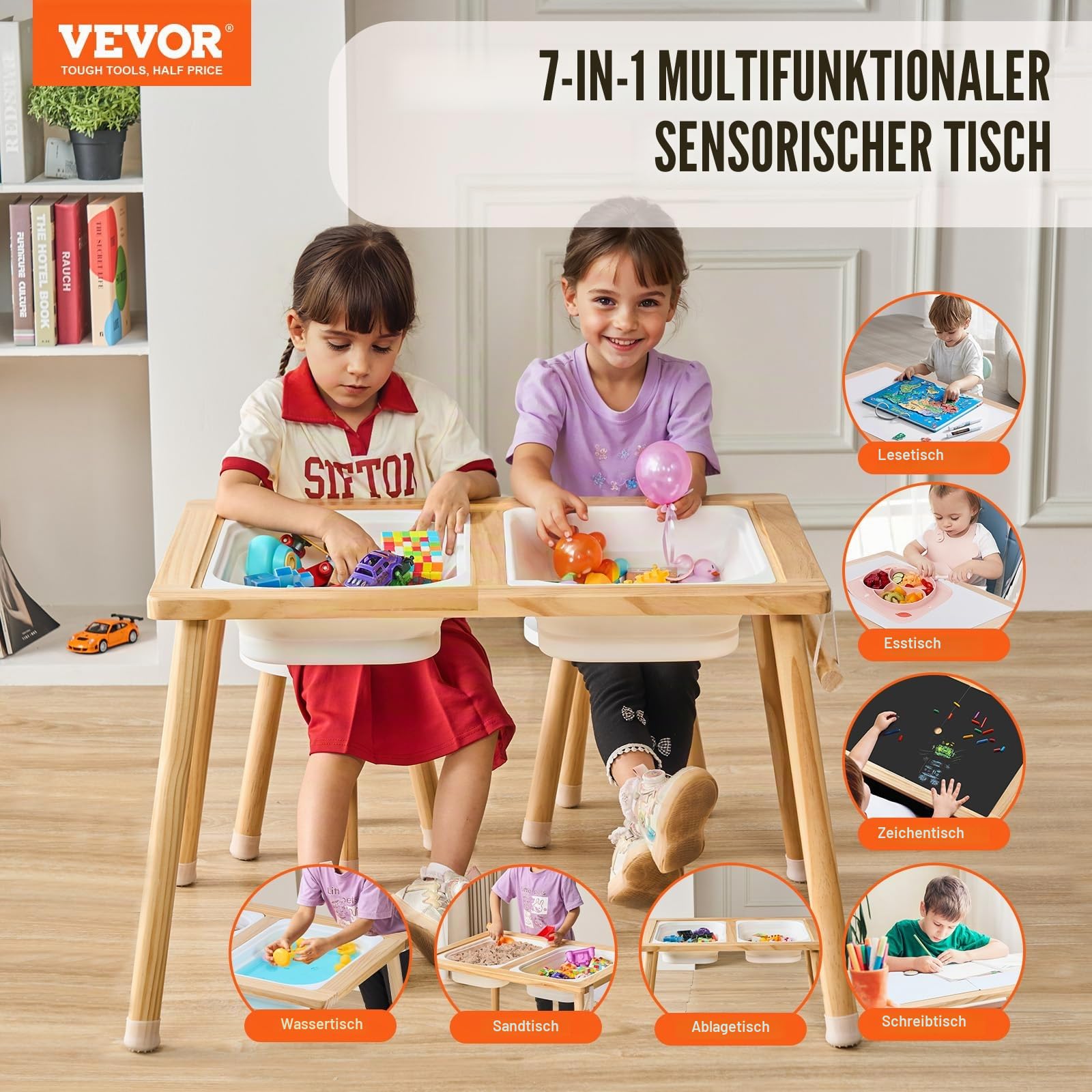 VEVOR Sensorisches Tischset Aktivitätstisch Kindersitzgruppe und Sand-und Wasserspieltisch mit 2 Hockern & 2 Aufbewahrungsbehältern & Papierrollenhalter, Kindertisch Holz – Geschenk für Kinder